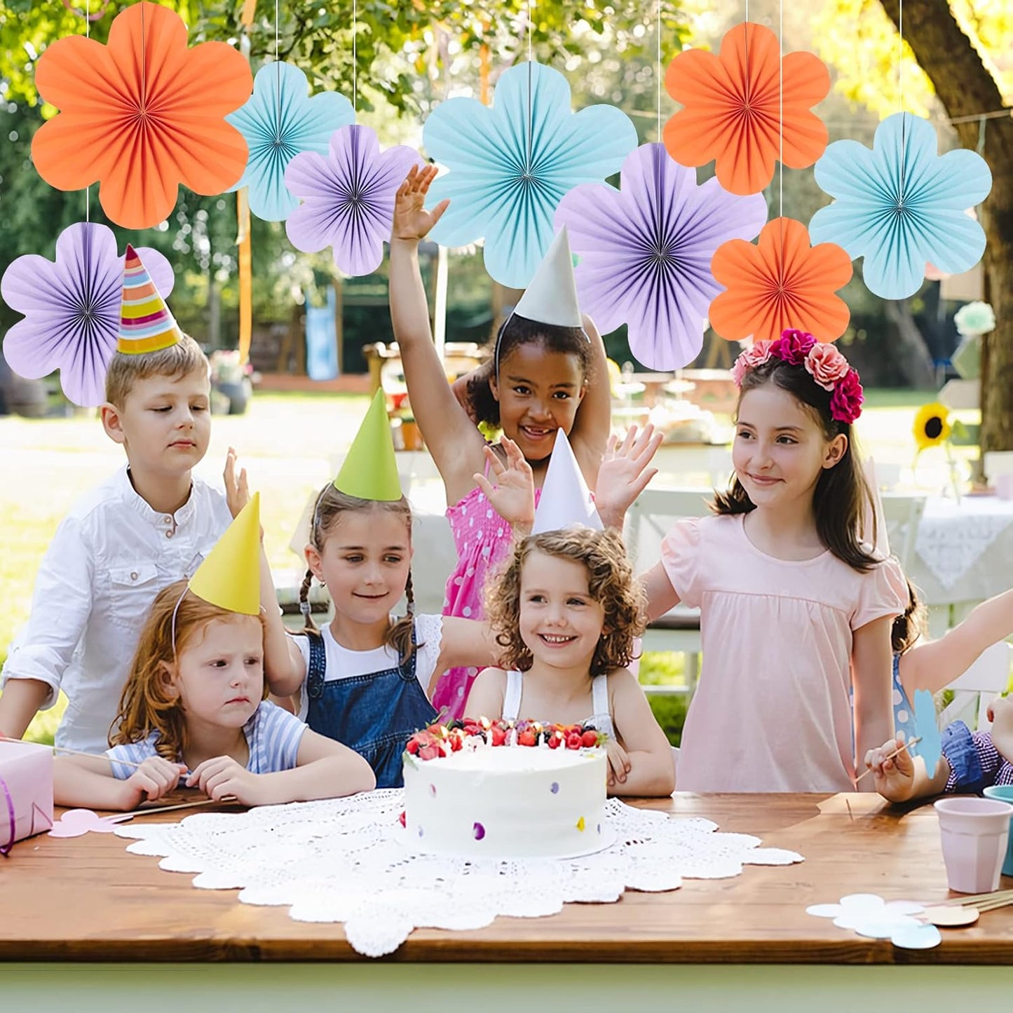 Paper Flowers Decorations for Wall Blue Paper Fans Classroom Decoration Floral Backdrop Decor Hanging Pink Flower Wall Decor, Set of 9