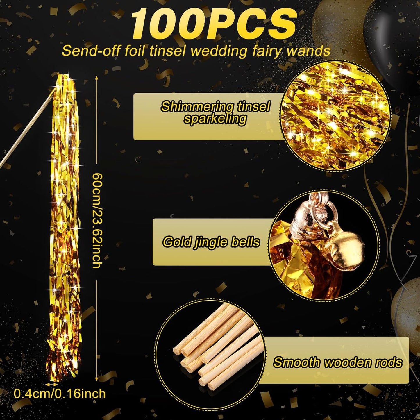 100 Pcs Wedding Fairy Wands with Bells Foil Tinsel Ribbon Stick Wands Tinsel Party Streamers with Bell Glittery Bridal Wedding Send Off Ideas Holiday Celebration (Golden)