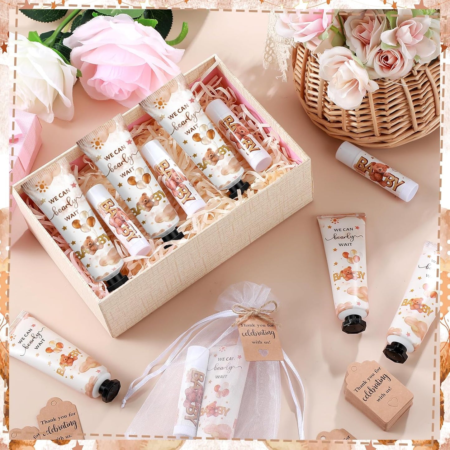 50 Sets 200 Pcs Baby Shower Hand Lotion and Lip Balm Gift Theme Baby Shower Party Favors Travel Size Hand Lotion and Lip Balm Bulk with Organza Bags Tags(Bear)