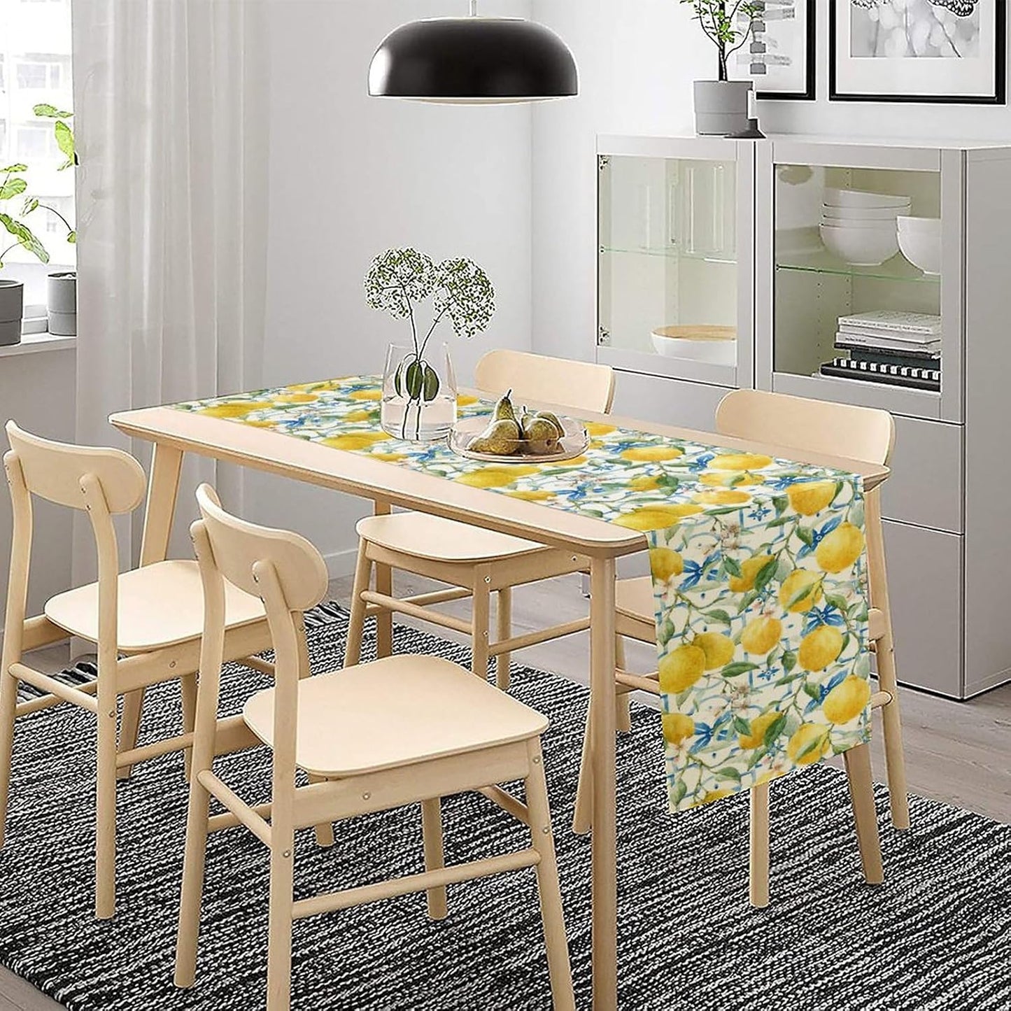 Lemon Table Runner,Watercolor Fruit Green Leaves Spring Summer Table Cloth Kitchen Dining Table Home Party Decoration 13x72 Inch