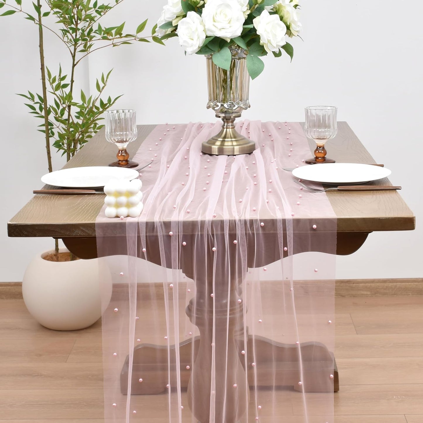 Joanlody Fall Pearl Table Runner 10ft Rustic Boho Tulle Table Runner with Pearls for Baby Shower Wedding Party Veil Dessert Thanksgiving Table Decor Pink