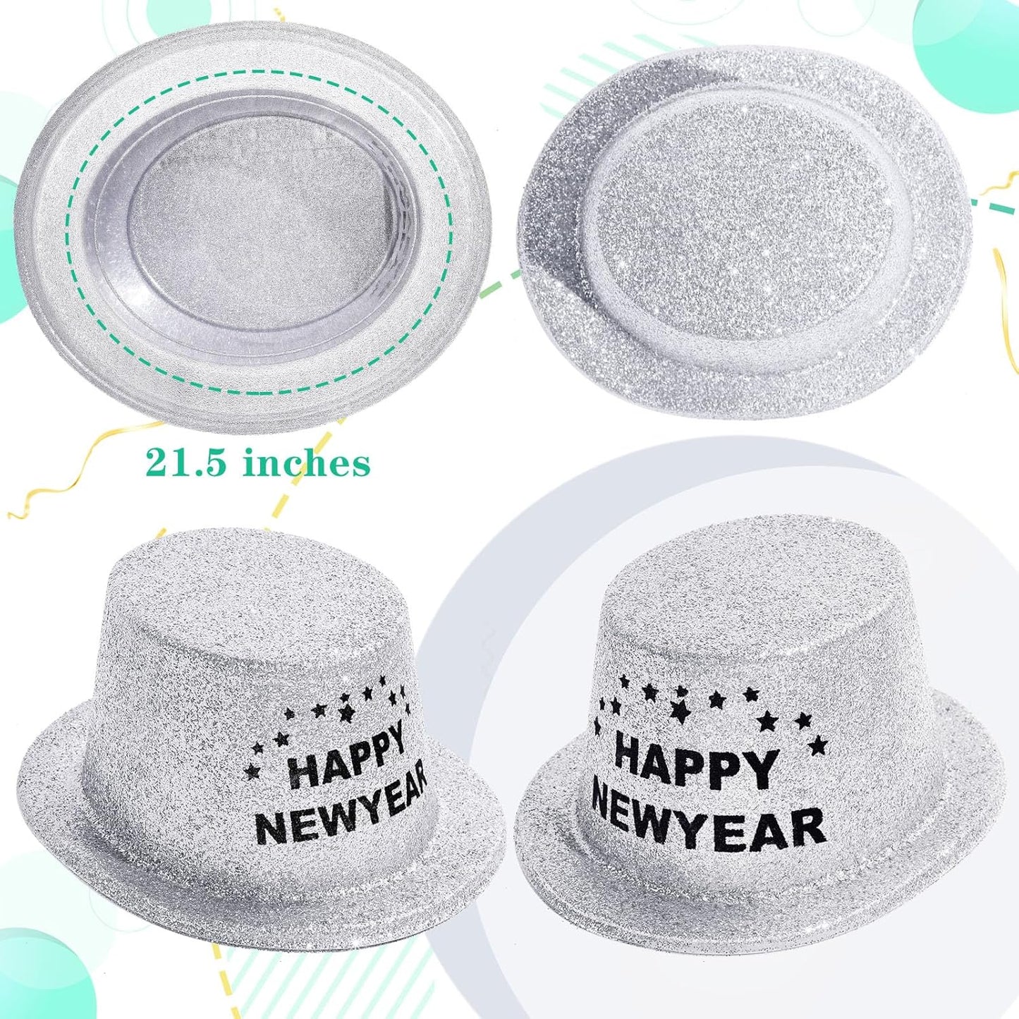 Hillban 12 Pcs Top Hats Halloween Glitter Plastic Retro Disco Party Hats for Halloween Magician Birthday Wedding Carnivals(Silver with Letter,Novel)