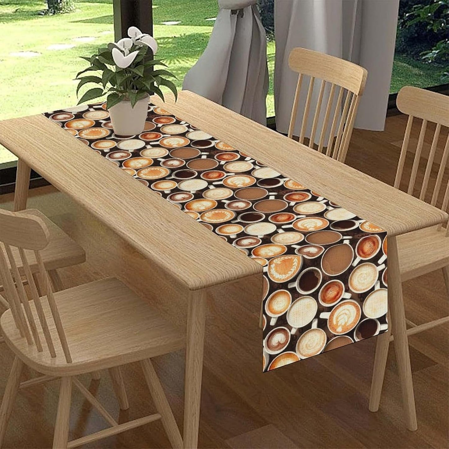 Coffee Theme Table Runner, Farmhouse Coffee Cup Latte Cappuccino Tea Party Rustic Cafe Table Center Decor for Home Kitchen Dining Patio Holiday Party Indoor Outdoor Table Decorations,13"x36" Inch