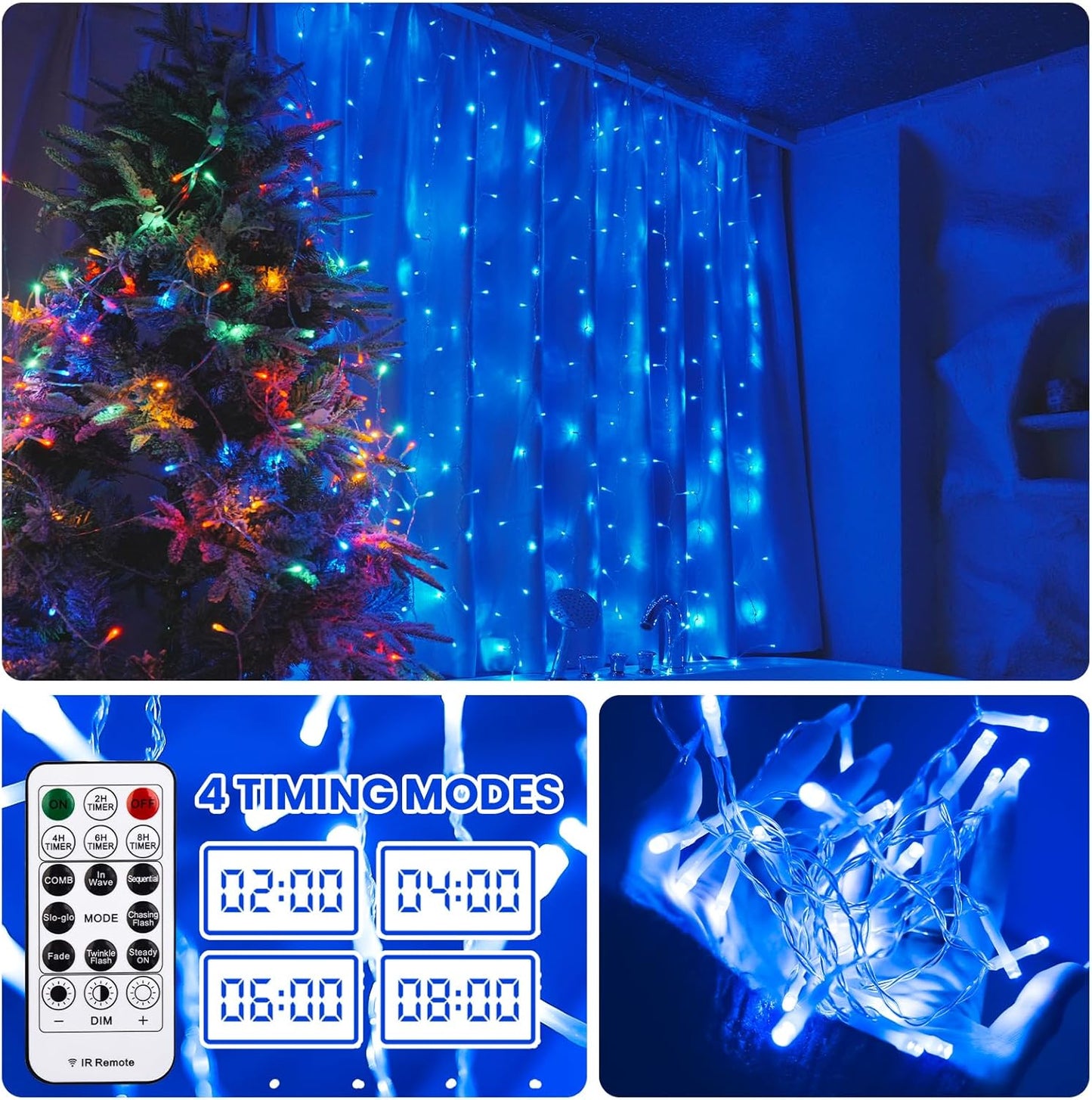 Curtain Light for Bedroom, 200LED 6.6x6.6ft Blue Window Wall Hanging Fairy Curtain String Light, 8 Modes Remote Fairy String Lights Indoor for Wedding Party Home Garden Decorations