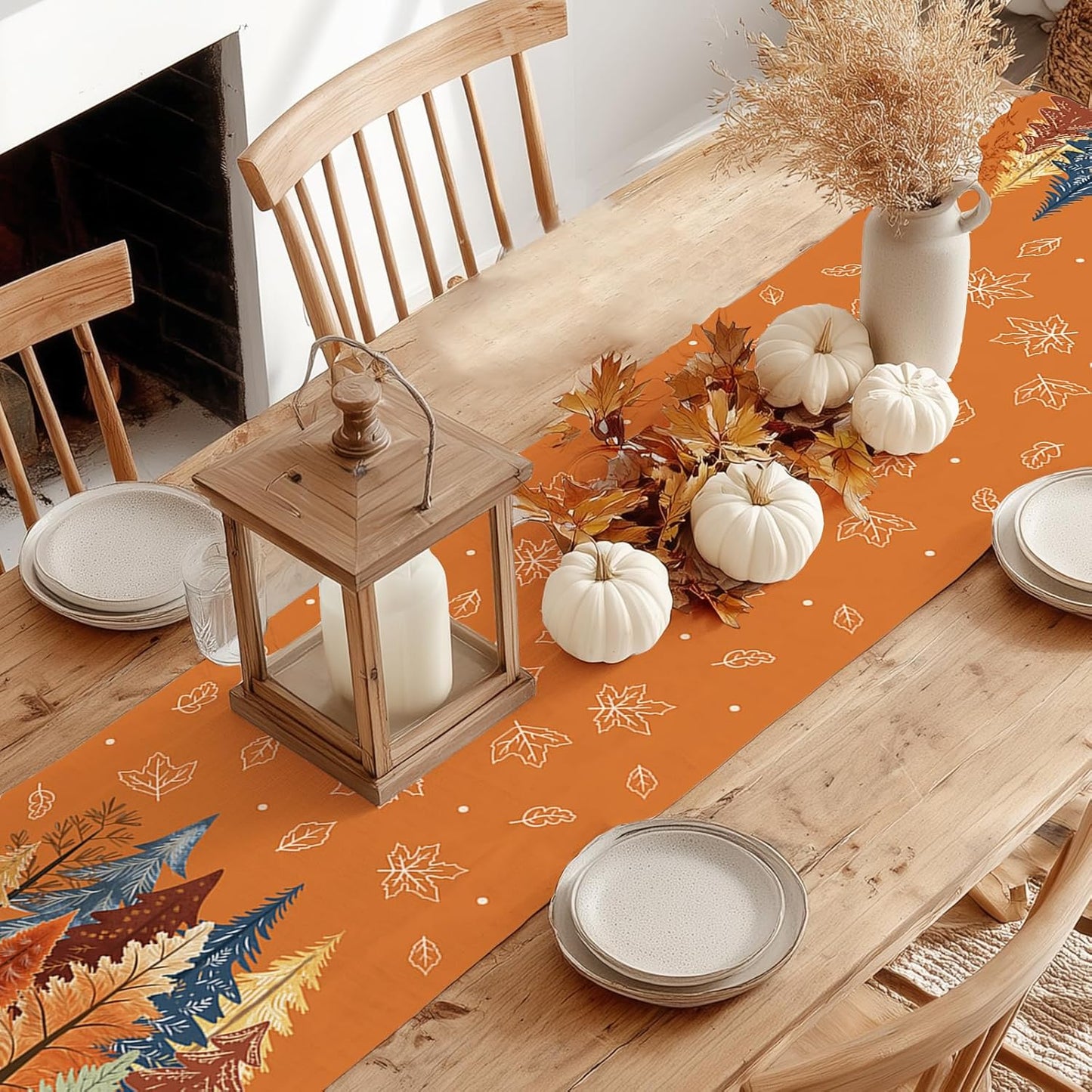 GEEORY Fall Watercolor Trees & Maple Leaves Table Runner 13x60 Inch, Rustic Farmhouse Autumn Thanksgiving Decor for Kitchen, Dining, Indoor/Outdoor Holiday Dinner Party Orange GT158-60