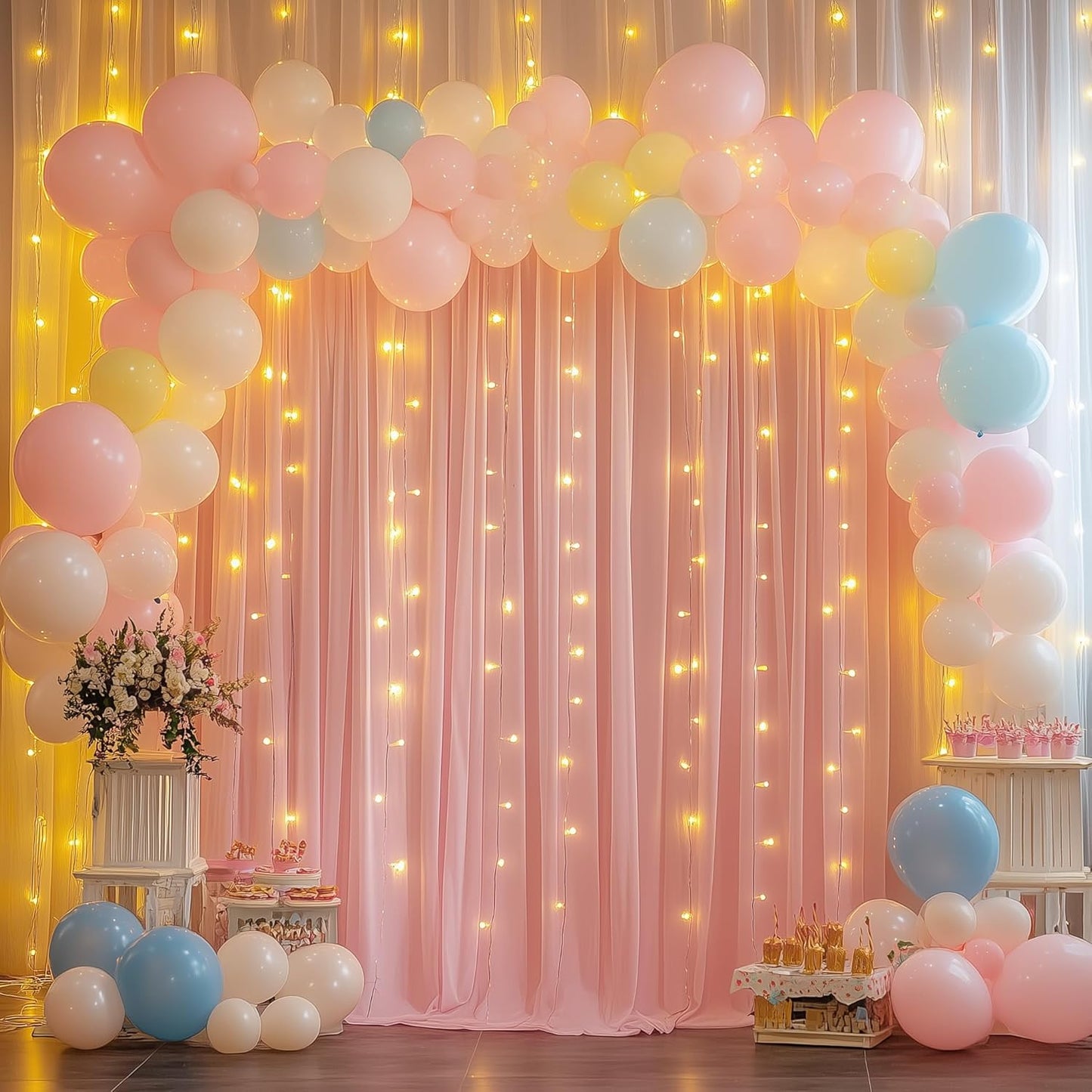 Tulle Backdrop Curtain with Lights String 10FT X 10FT Peach Sheer Tulle Backdrop Curtains for Wedding Birthday Party Reception Photo Booth Background Decorations (2 Panels 5x10FT)