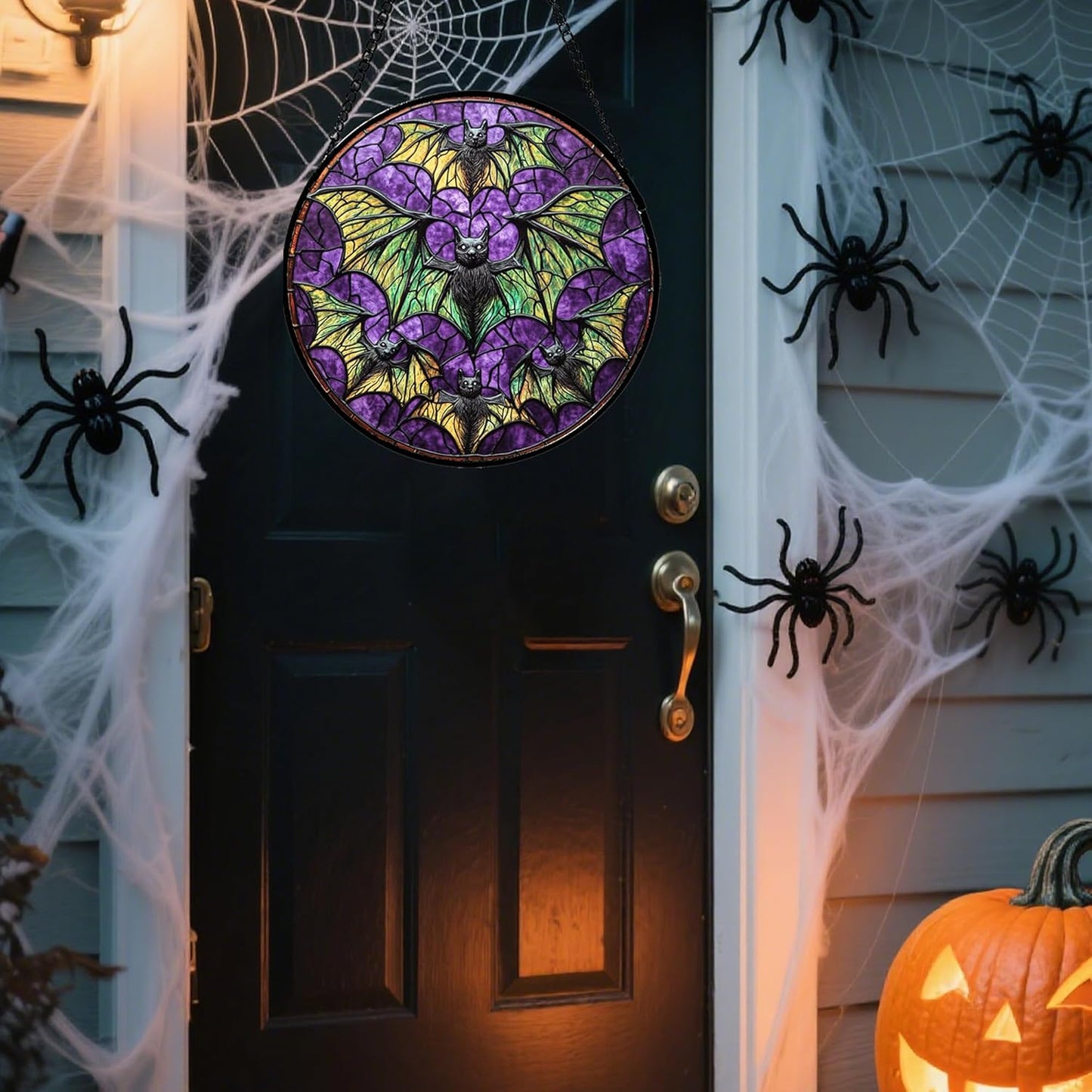 Stained Glass Window Hanging - Halloween Decorations Bats Suncatcher for Doors Garden Indoor Spooky Funny Purple Sun Catchers Gothic Decor Horror Gifts for Women Men Friend 6.3 in