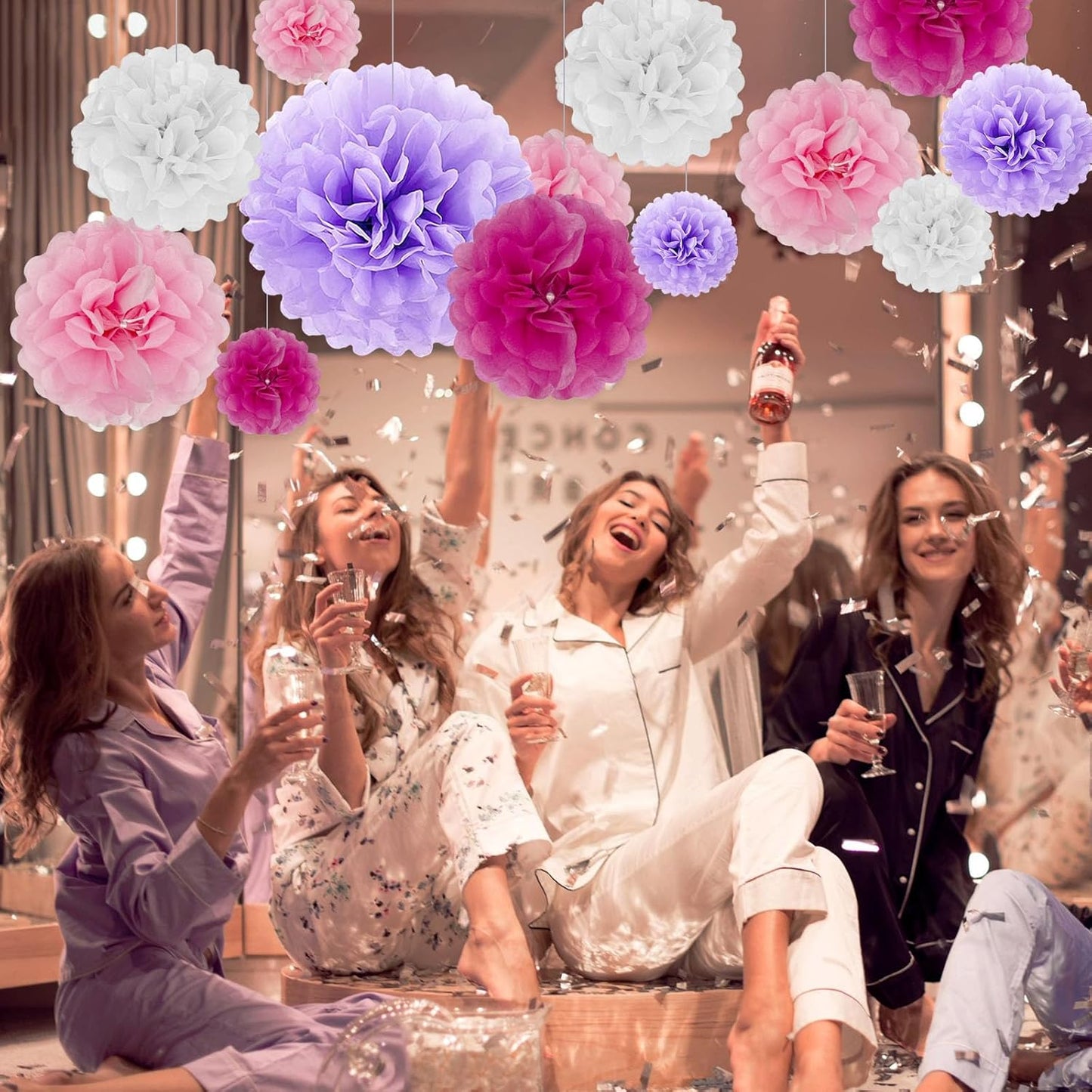 Tissue Paper Pom Poms, Purple Pink White Tissue Paper Flowers, Hanging Flower Balls for Weddings Fiesta Parties Birthday Baby Showers Classroom Bridal Shower Decoration (20Piece Set-6/10/12/14Inch)