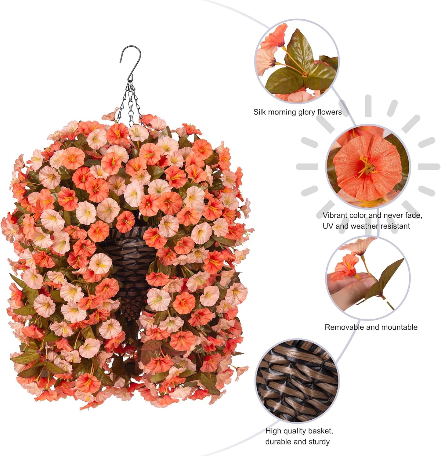 Artificial Fake Fall Hanging Flowers Plants Basket for Outdoor Autumn Decoration, Faux Silk Morning Glory Long Vines Realistic UV Resistant for Outside Home Porch Garden (Fall Orange+Light Orange)