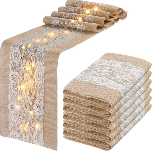Tudomro 6 Pcs Burlap Table Runner with LED String Lights 12 x 108 Inches Rustic Jute Lace Table Runners Farmhouse Jute Linen Decoration Wedding Decor for Holiday Party Wedding Decorations