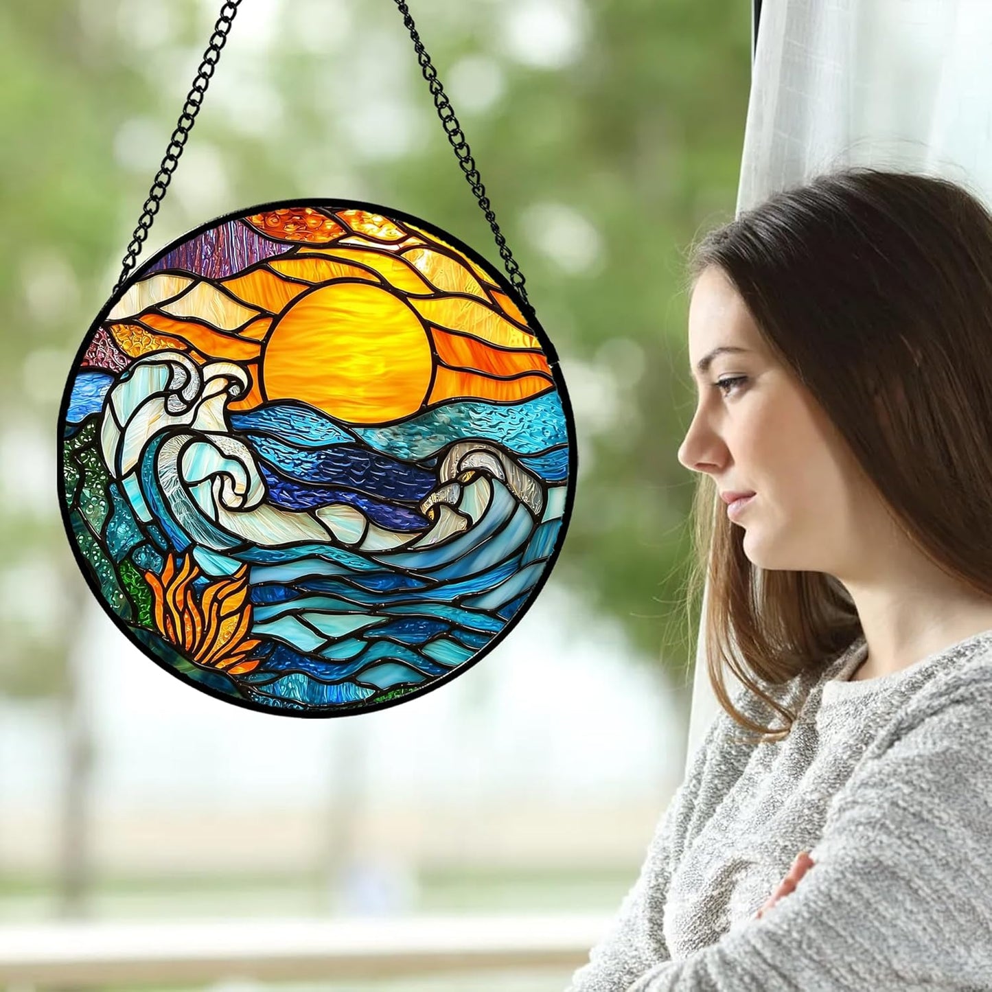 Stained Glass Window Hanging, Orange Sun Blue Sea Waves Landscape Suncatcher for Doors Window Home Sun Catchers Decor Mother's Day Birthday Gifts for Women, Men Mom 9.8 in