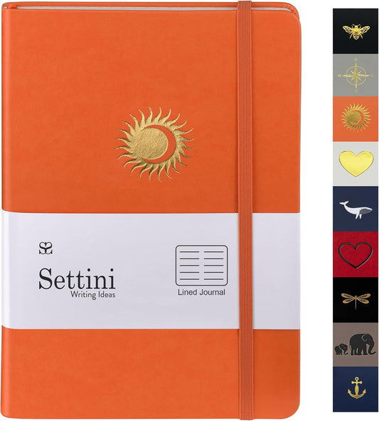SETTINI Lined Journal, Ideal for Journaling - A5 Vegan Leather Notebook, 192 Archival-Quality Pages, QuillEase Bleed-Free Paper, Inner Pocket & Bookmark - Orange Journal for Women & Men, Orange Sun