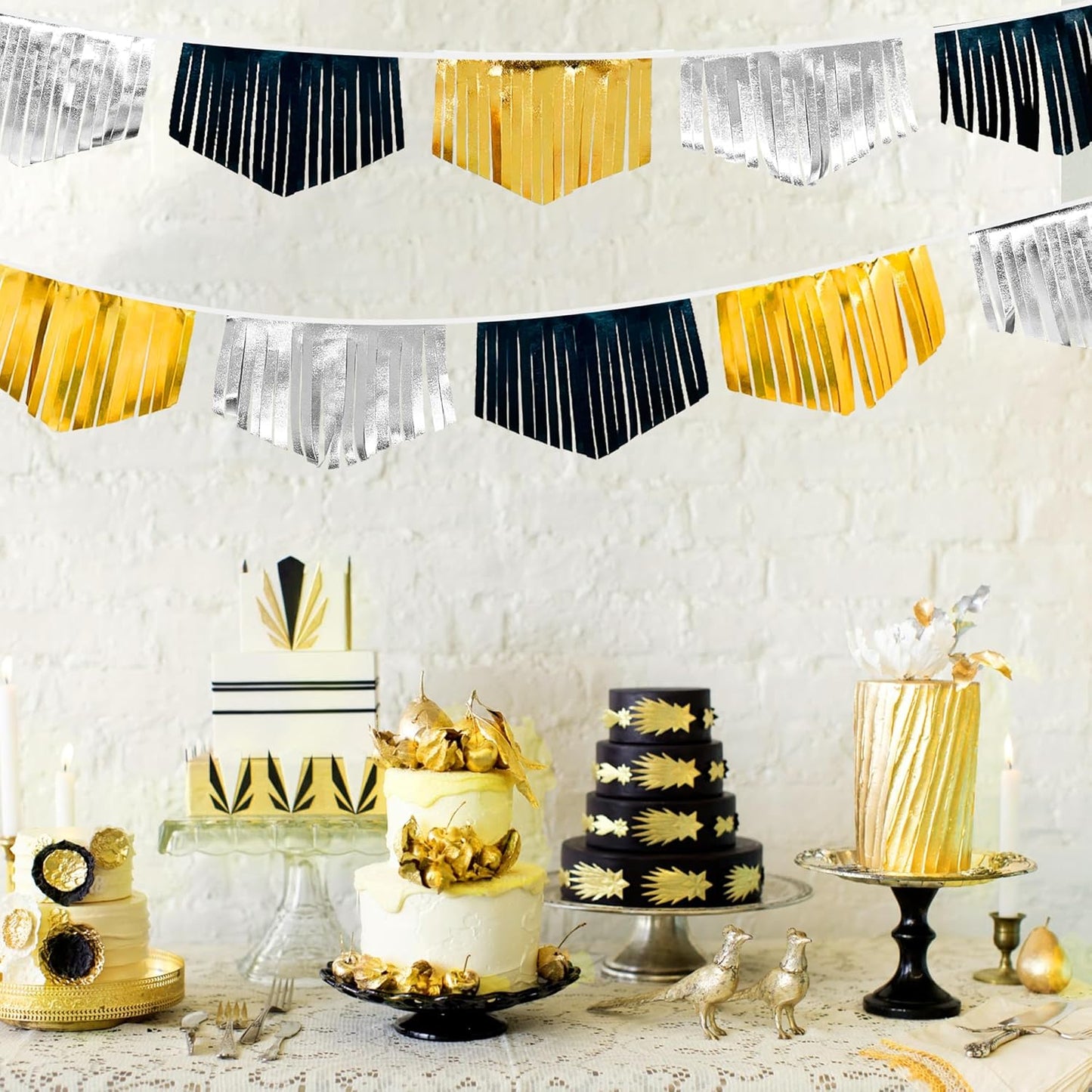 Black Silver Gold Tassel Banner Double Sided Metallic Fabric Pennant Bunting Flag Garland for Graduation Birthday Anniversary Bachelorette Engagement Wedding Bridal Shower Party Decorations Supplies