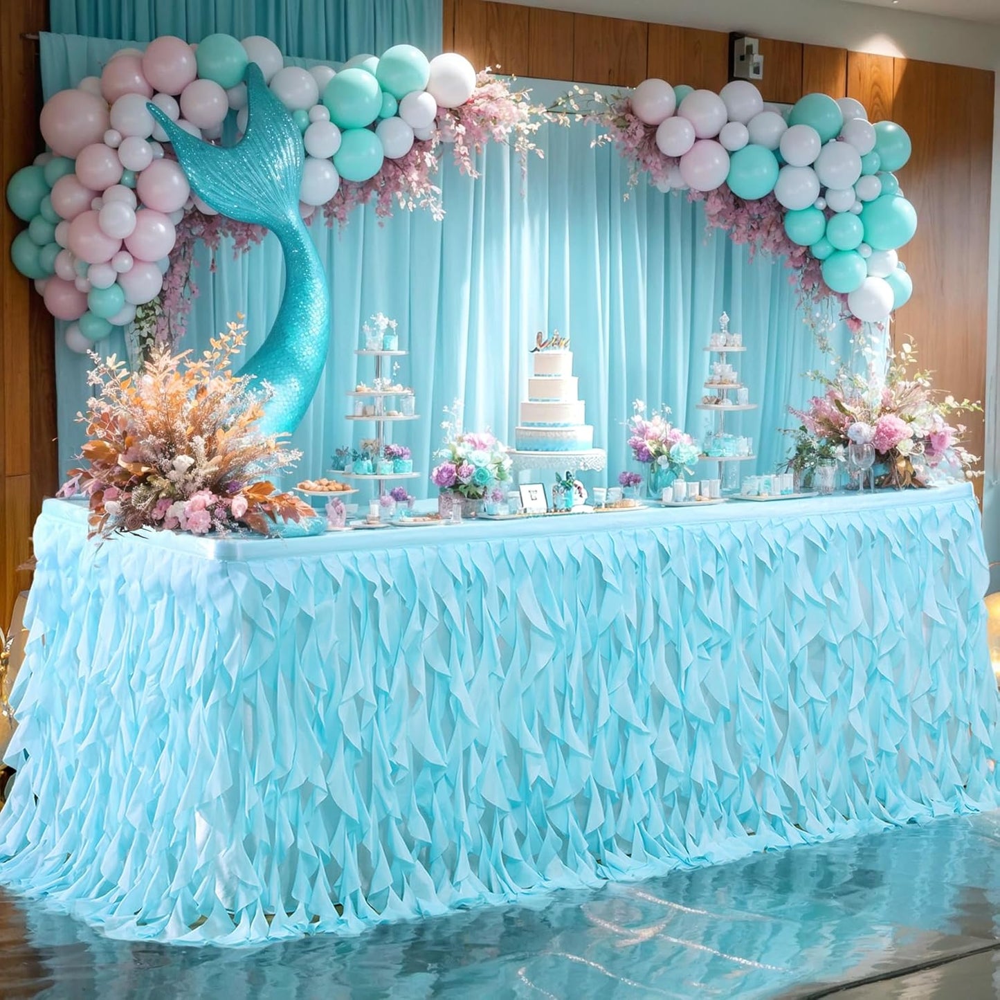 Partisky Aqua Blue Tulle Curly Willow Table Skirt for Rectangle Table 6ft, Ruffle Tutu Table Cloth for Boys Baby Shower,Birthday Party Candy Cake Tables