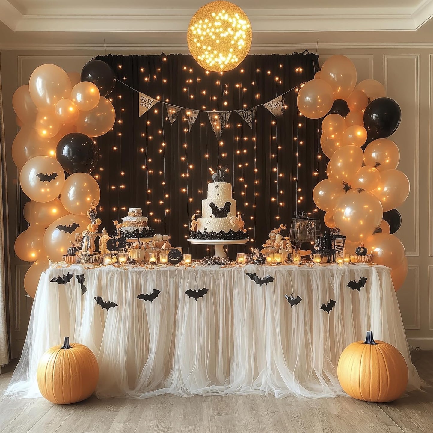 Tulle Backdrop Curtain with Lights String 10FT X 8FT Black Sheer Tulle Backdrop Curtains for Wedding Birthday Party Reception Photo Booth Background Decorations (2 Panels 5x8FT)