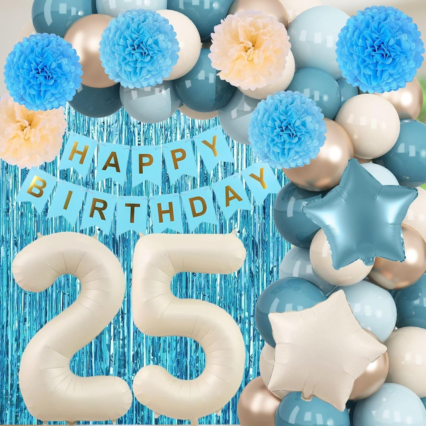 Dusty Blue 25th Birthday Party Decorations for Her Him Beige Cream Number 25 Balloon with Blue Gold Happy Birthday Banner Fringe Curtain Paper Pom Poms Nude White Sand Champagne Star Foil Balloons