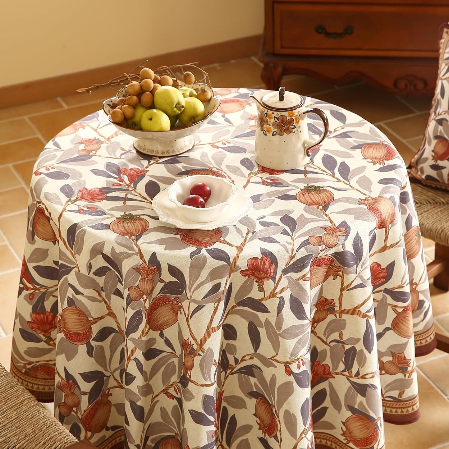 patdrea Designer Linen Round Tablecloth,Vintage Pomegranates and Leaves Tree Tablecloths,Fall Table Decor Cover for Kitchen Dining Christmas,Thanksgiving,Tea Party,Diameter 67"-Tehran a