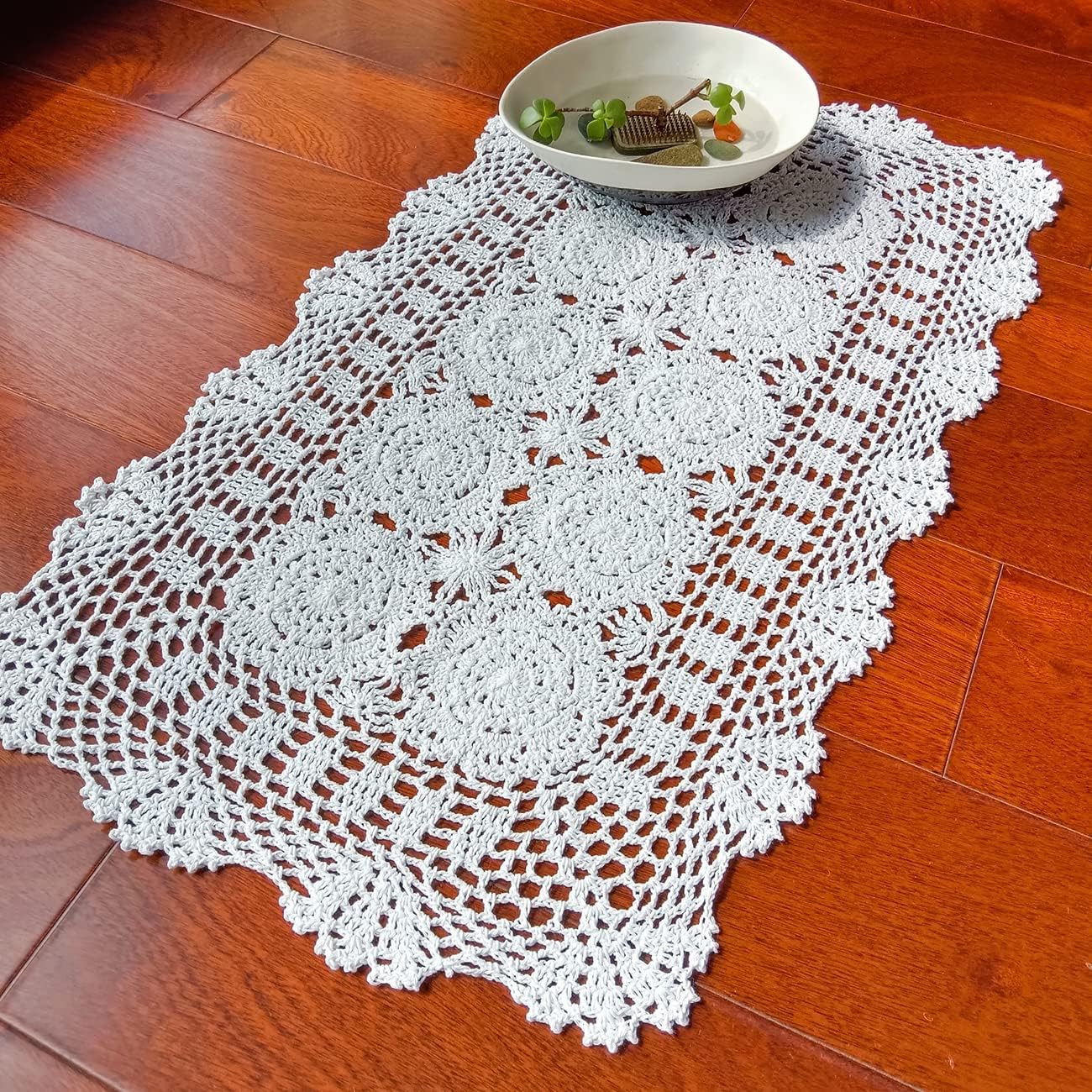 Phantomon Lace Table Runner Rectangular Table Cover Cloth Handmade Crochet Floral Placemats 100% Cotton (Floral White, 15x28Inch)