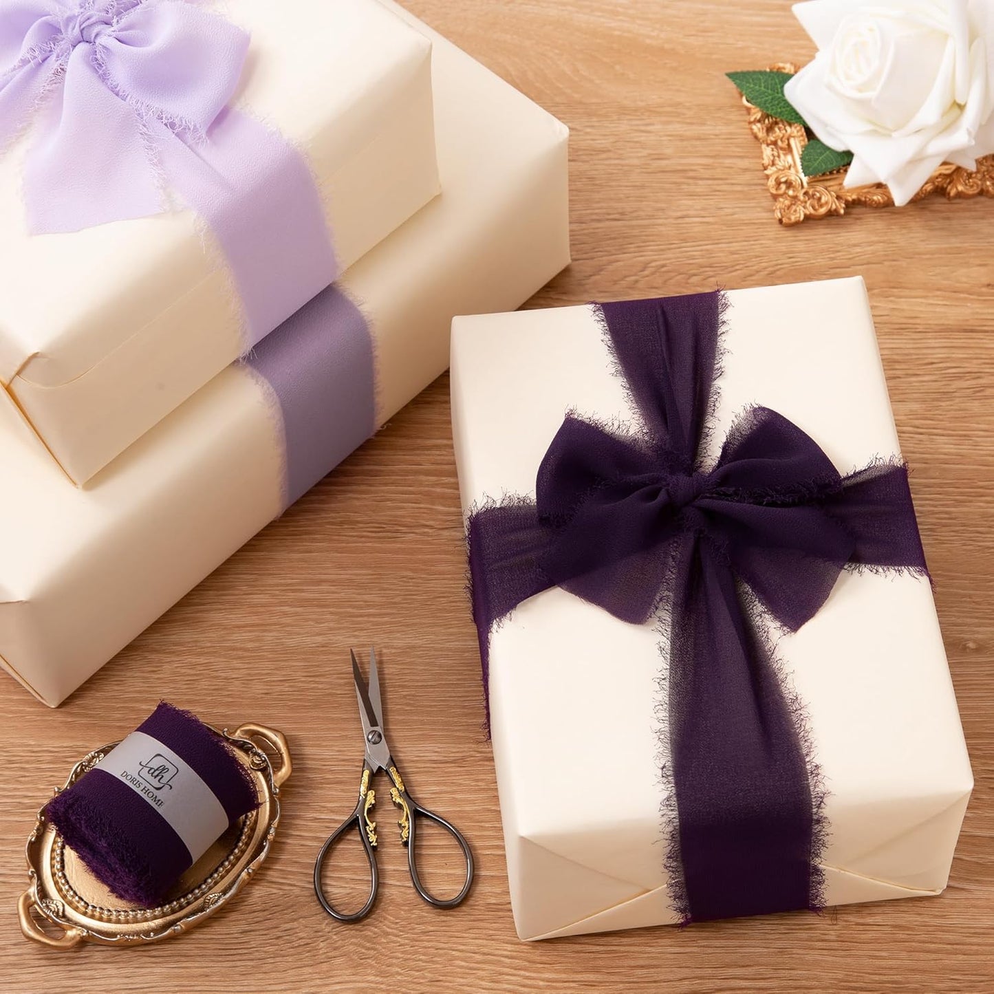 DORIS HOME Plum Chiffon Ribbon for Flower Bouquet, 2" x21Yd Fabric Ribbon for Gift Wrapping, Handmade Frayed Ribbon for Wedding, Chiffon Silk Ribbon for Christmas Decorations