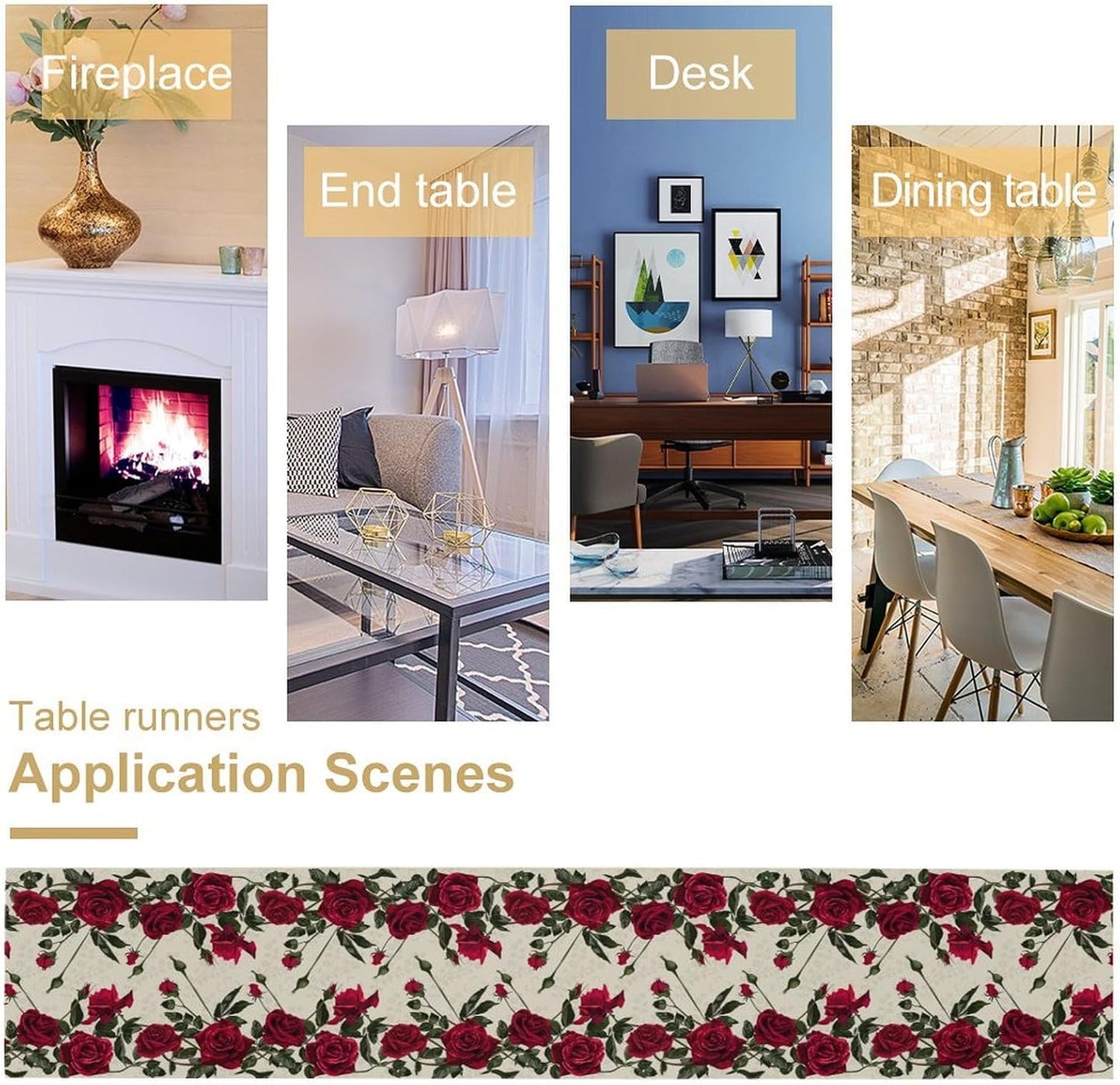 Rose Table Runner, Retro Red Rose Flowers Green Leaves Valentine's Day Kitchen Dinning Table Runner for Indoor Outdoor Home Wedding Party Holiday, 13x90 Inch