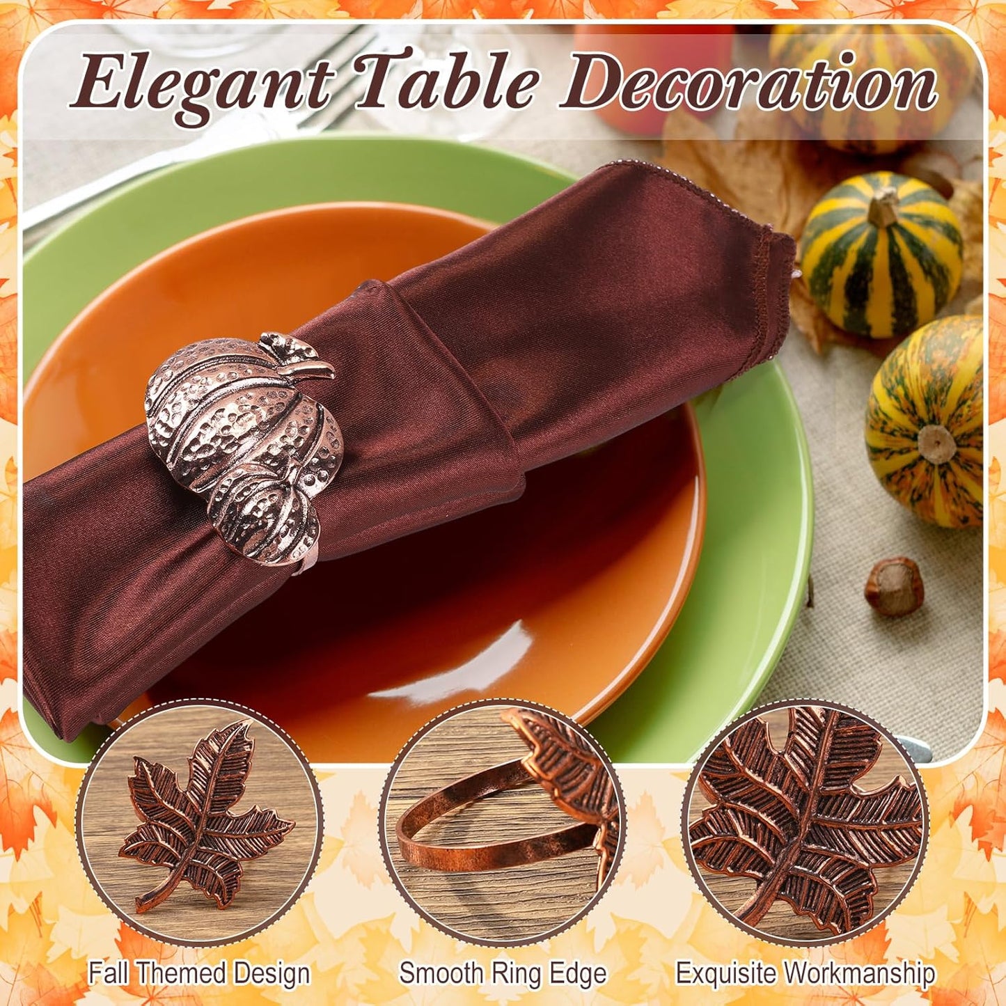 Remerry 8 Pcs Thanksgiving Napkin Ring Harvest Fall Leaf Pumpkin Holders Retro Alloy Metal Napkin Ring Buckle for Thanksgiving Wedding Table Supplies(Leaf and Pumpkin)
