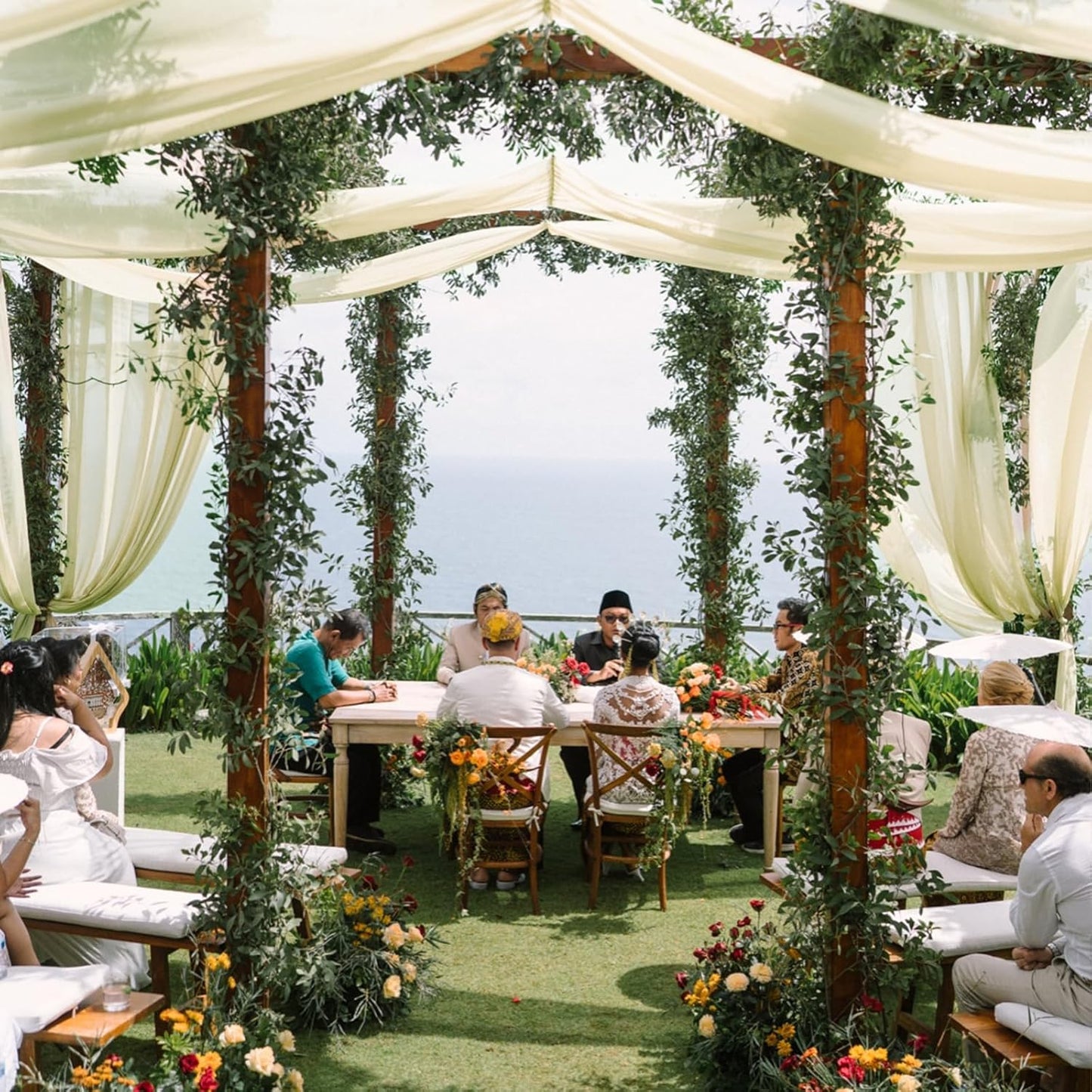 VOK Wedding Arch Draping Fabric Chiffon Curtains, 29in x 18Ft Sheer Chiffon Outdoor Curtain for Wedding Ceremony Birthday Party Decoration (Light Yellow,4 Panel)