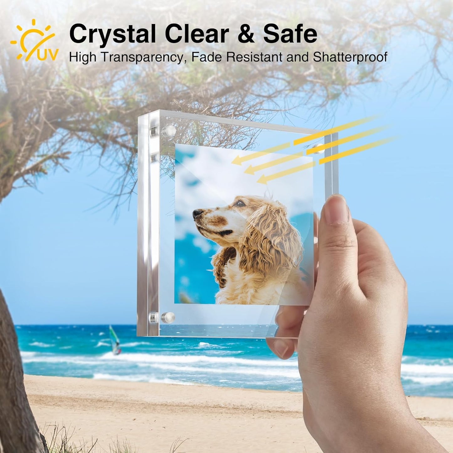 HOUSE DAY Acrylic Picture Frames 4x4, 1 Pack Magnetic 4 x 4 Picture Frame, Double Sided Clear 4x 4 Photo Frame with Microfiber Cloth, Frameless FreeStanding 4x4 Frame Gift for Desktop Display