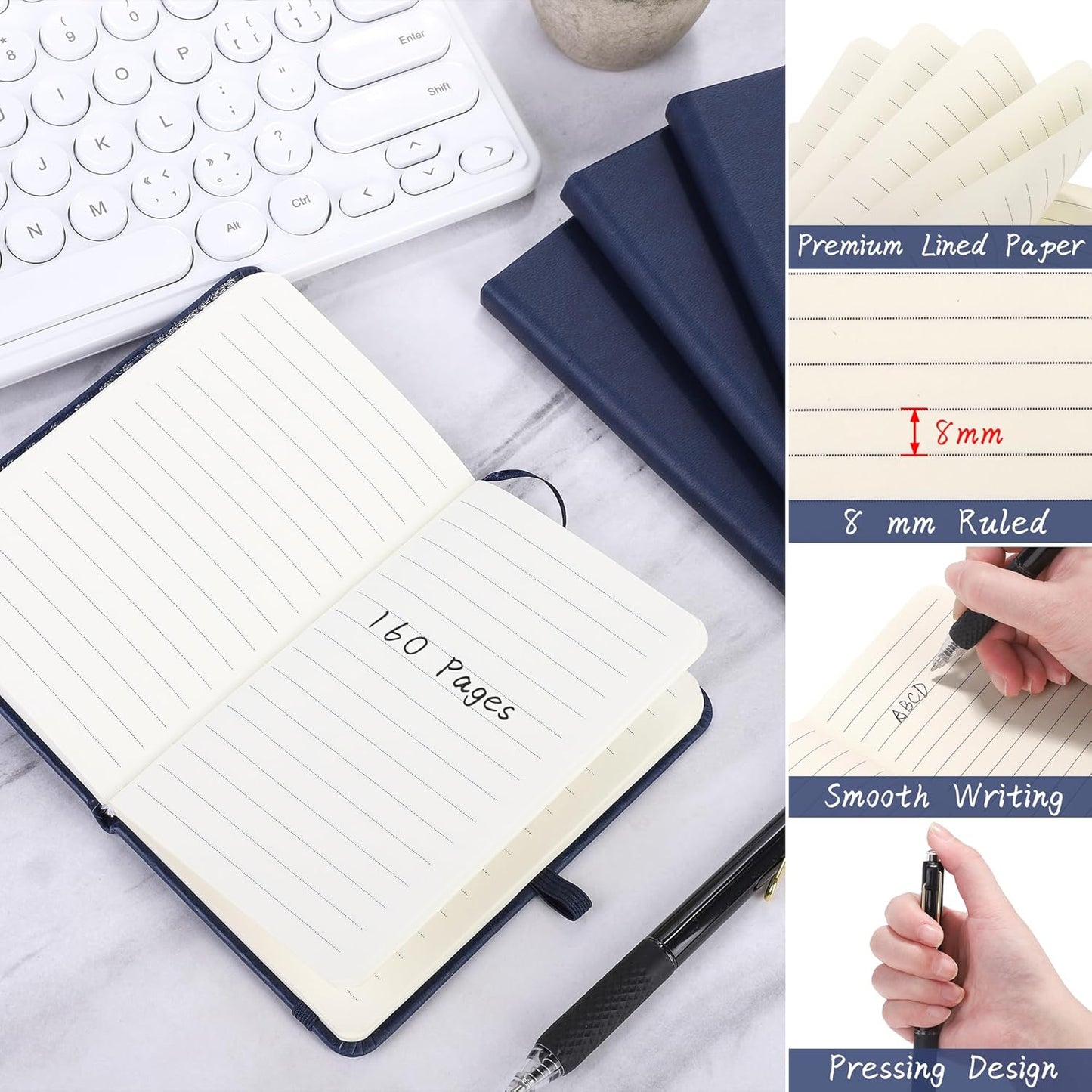 Aodaer 50 Sets Pocket Notebook Journal with Pens, 160 Pages, 3.5 x 5.5 Inch Mini Lined Journal Notebook A6 Leather Hardcover College Ruled Notepad with Pen Holder for School Office Gifts, Navy Blue
