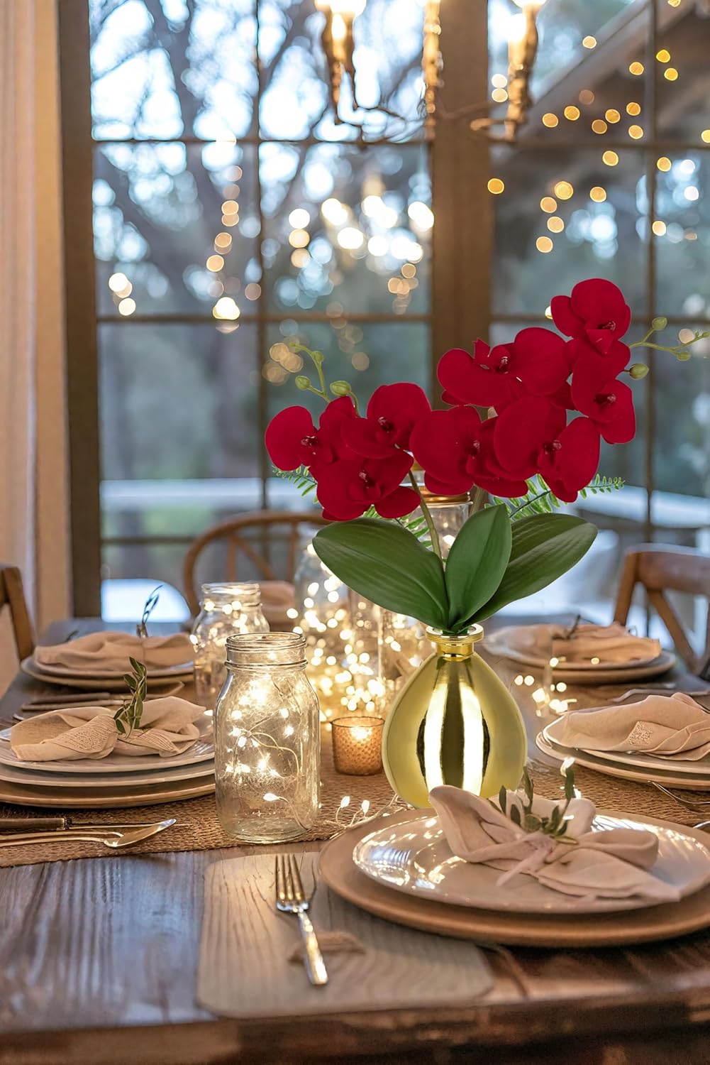 Red Orchids Artificial Flowers, Faux Orchid in Glass Vase Real Touch Small Phalaenopsis Orchid Flowers Arrangements with Gold Vase Orchids Centerpiece for Dining Room Table