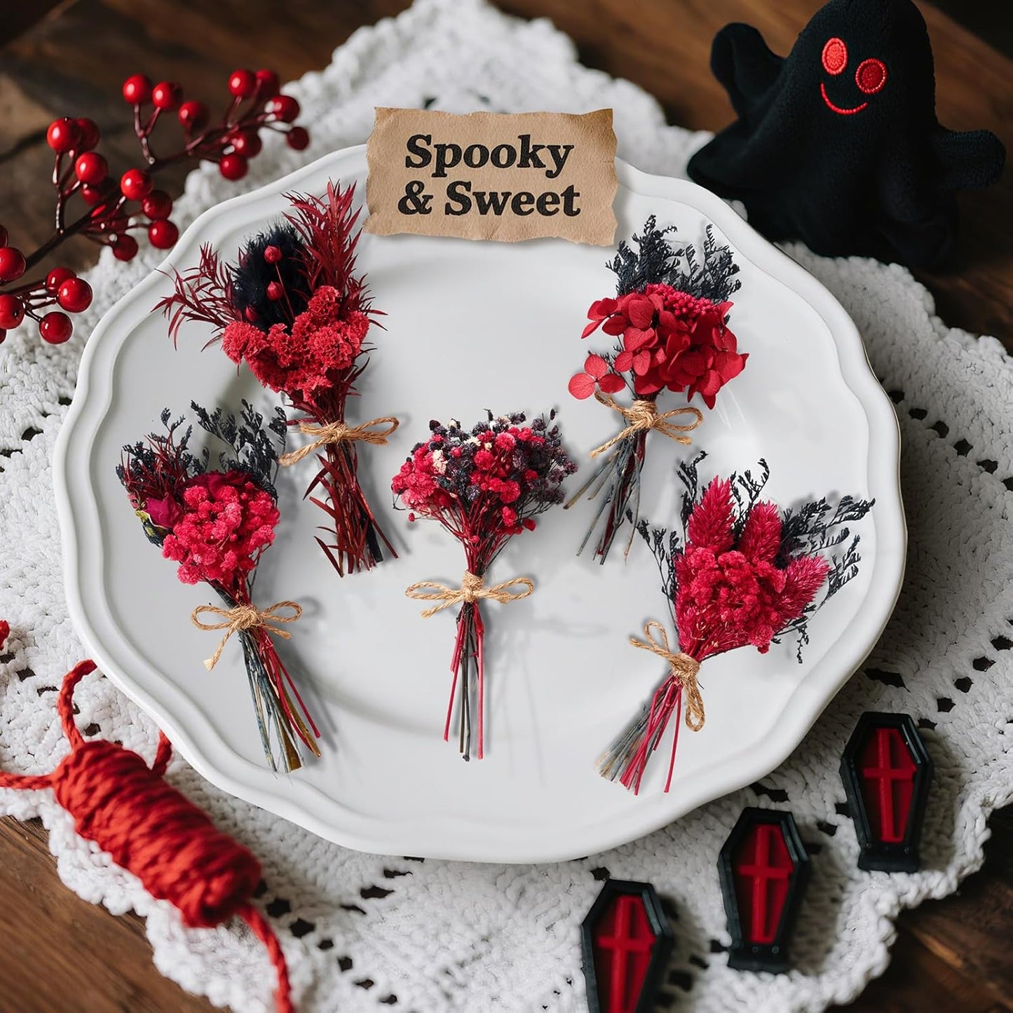 12/24 PCS Charming Dried Flowers Bouquet for Vase Various Dried Wildflowers with Stems Mini Handmade Wildflowers Natural Real Flowers Bulk Flowers Craft (Black and Red, 12PCS)