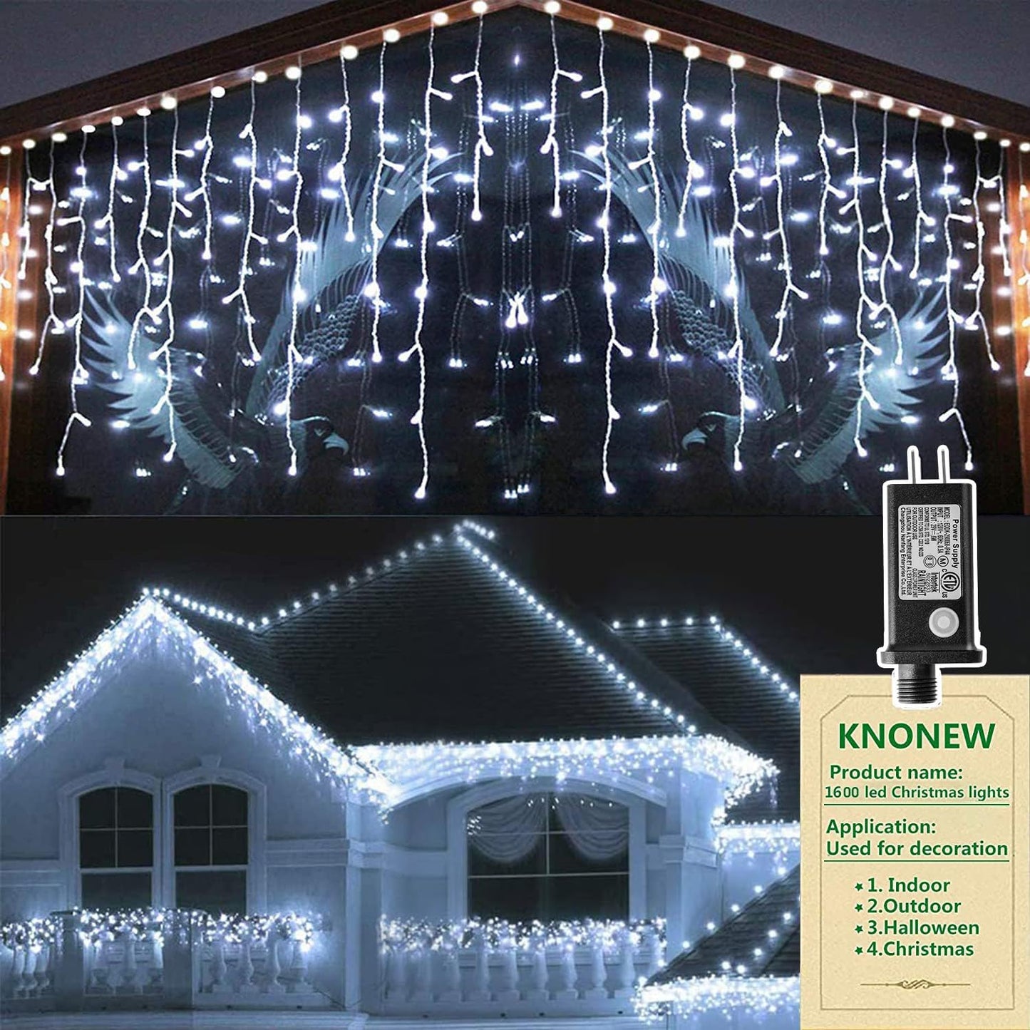 KNONEW 164FT 1600 LED Christmas Lights Outdoor Decoration White Timer 8Modes Hanging Fairy String Lights with 320 Drops, Plug in Waterproof Indoor Decor for Holiday Wedding Party Window Garden
