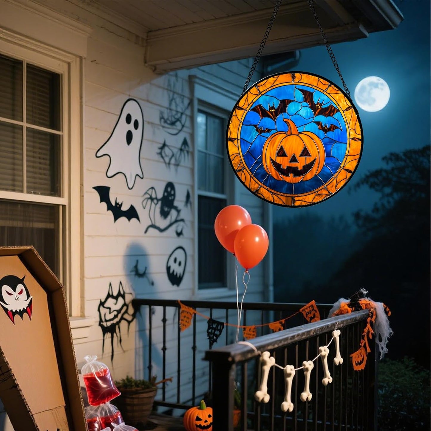 Stained Glass Window Hanging - Halloween Evil Pumpkin Suncatcher for Doors Window Garden Indoor Spooky Brown Bat Sun Catchers Gothic Decor Horror Gifts for Women Men Friend Boy Girl 7.8 in