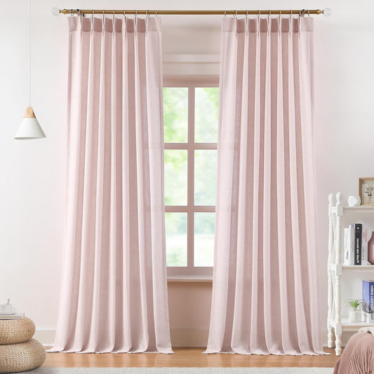 Vision Home Soft Pink Pinch Pleated Semi Sheer Curtains Textured Linen Blended Light Filtering Window Curtains 63 inch for Living Room Bedroom Pinch Pleat Drapes with Hooks 2 Panels 40" Wx63 L