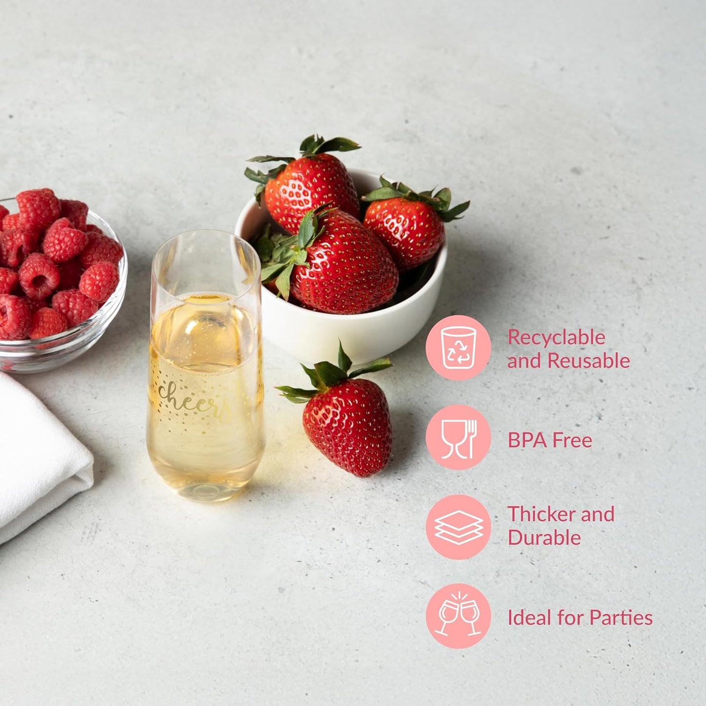 Prestee 24 Pack Stemless Plastic Champagne Flutes - 9 Oz Disposable Cheers Toast Cups for New Years Eve - Shatterproof Drinkware for Cocktails, and Mimosa Bar Supplies