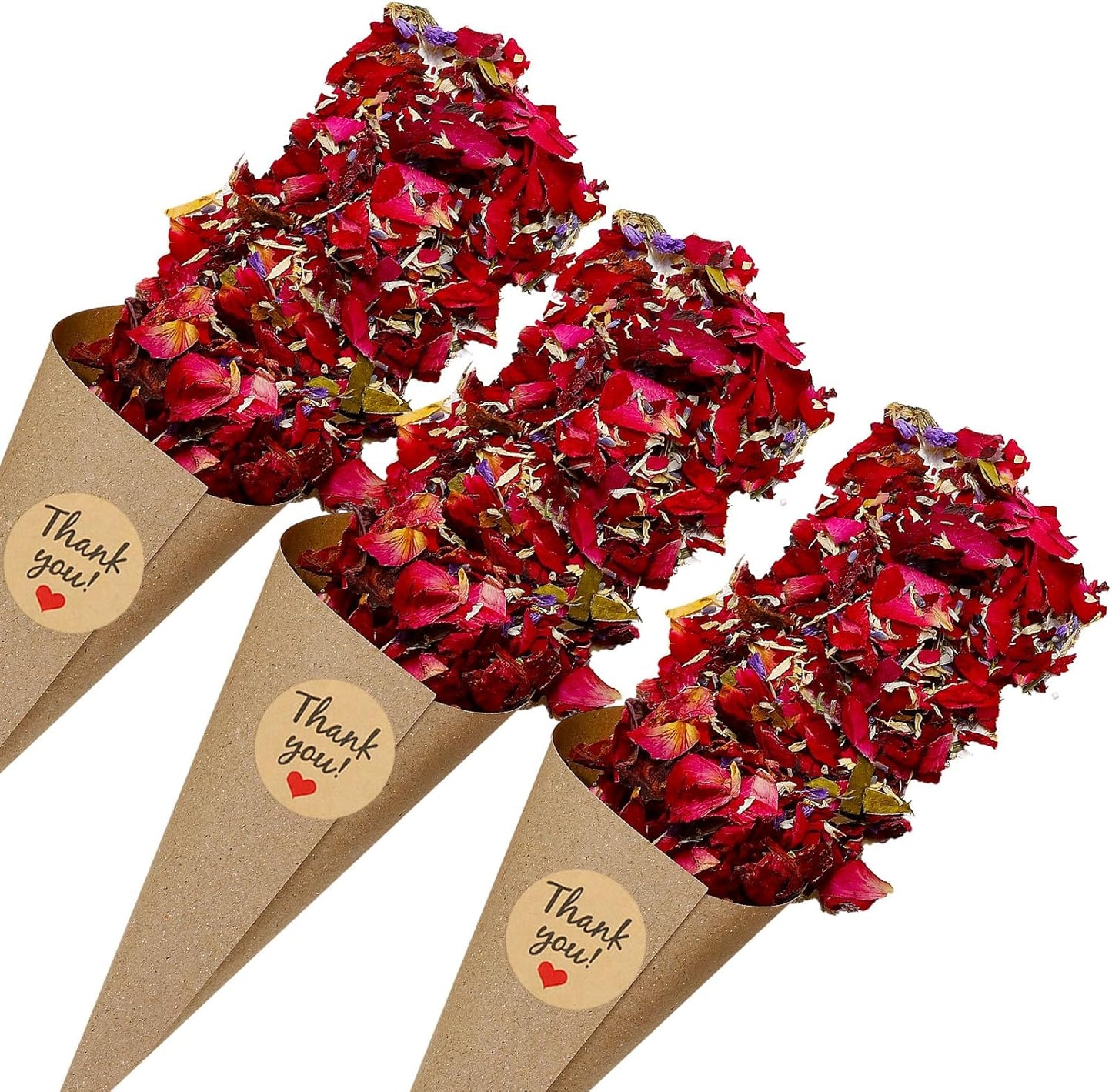 PATIKIL Dried Flower Confetti Cones, 30Pcs Paper Tapers Cone Holder with Dried Rose Petals / Sticker for Wedding Party Engagement Birthday DIY Decoration, Red/Purple