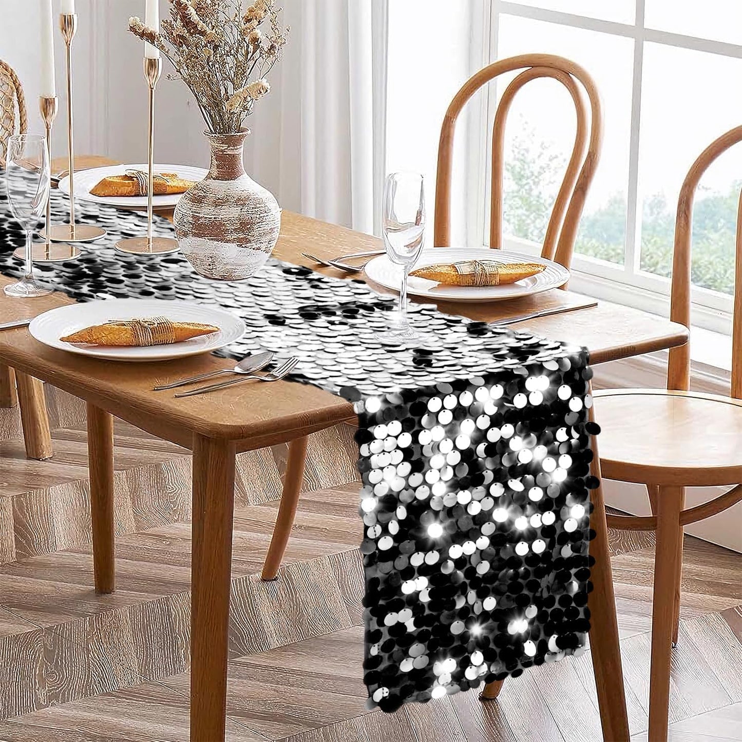 VHH Sequin Table Runner 12 x 108 inches Black Table Runner, Glitter Runner for Party Wedding Birthday, Party Spring Easter Rustic, Birthday Supplies Decorations (1 Pack).