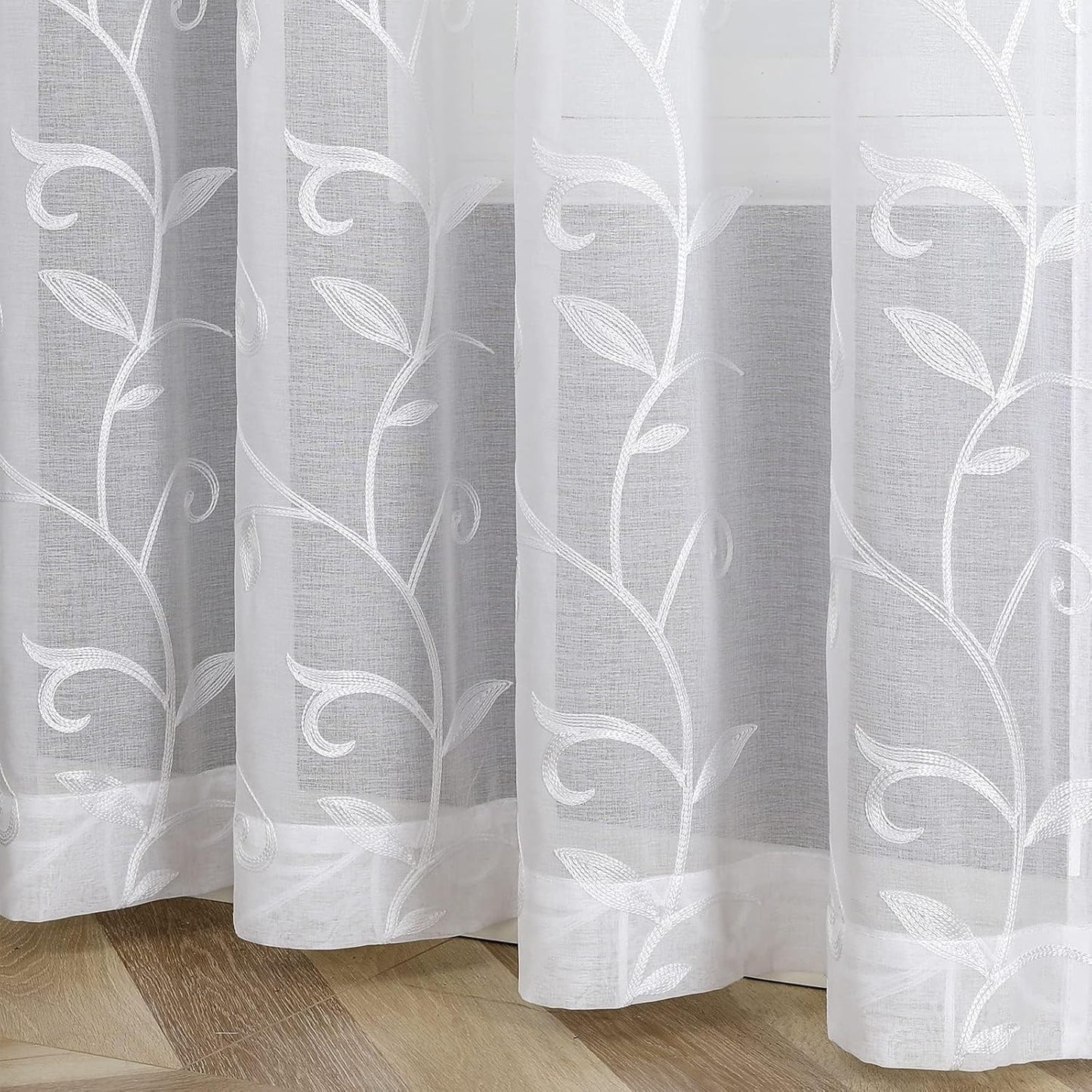 VISIONTEX Sheer Voile Curtains, Decorative White Leaves Embroidery Faux Linen Rod Pocket Window Drapes for Home Kitchen, Living Room and Bedroom 54 x 54 Inch, Set of 2 Curtain Panels