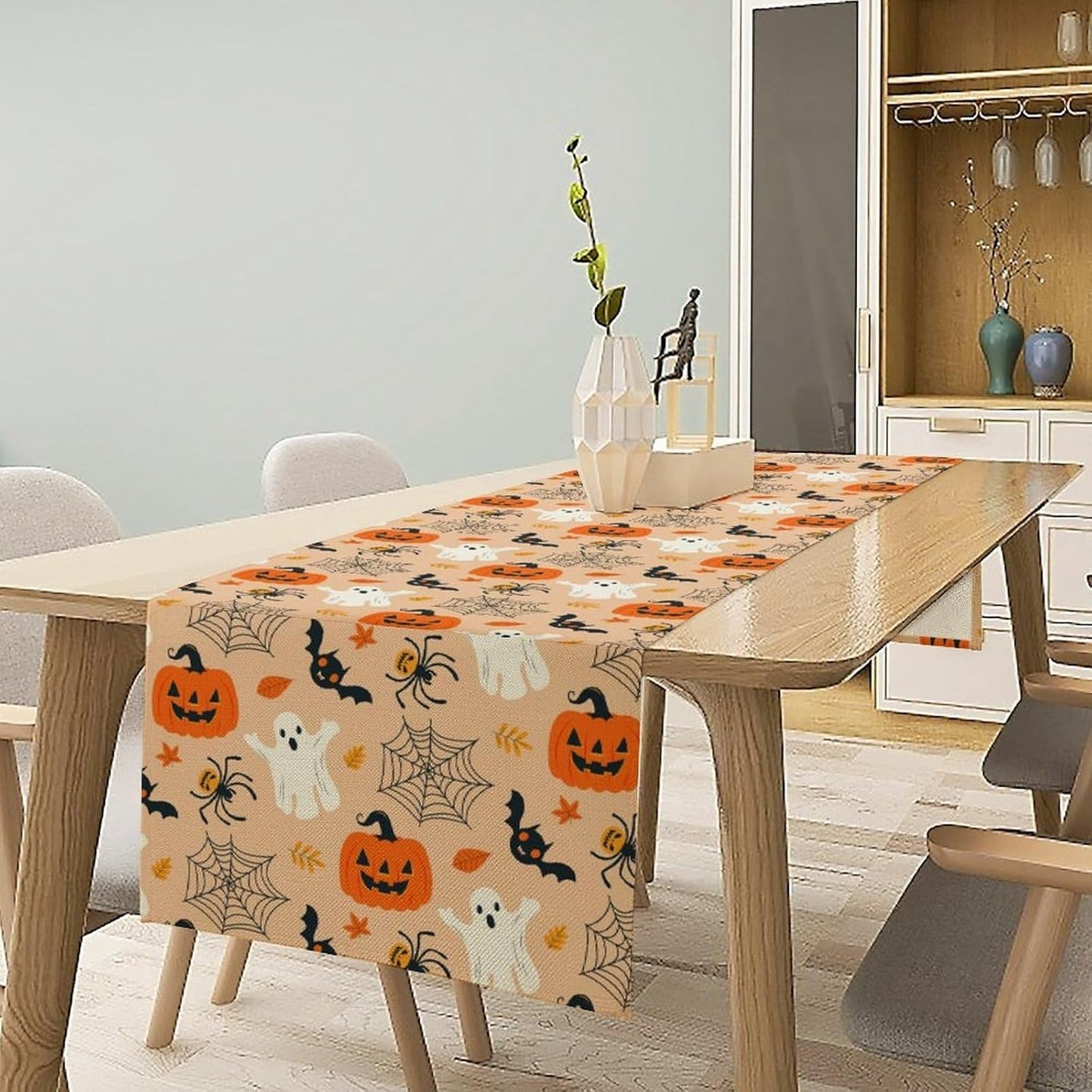 Halloween Table Runner,Cute Ghost Pumpkin Leaves Table Runner for Kitchen Dining Table Decoration Home Party Decor 13x36 Inch