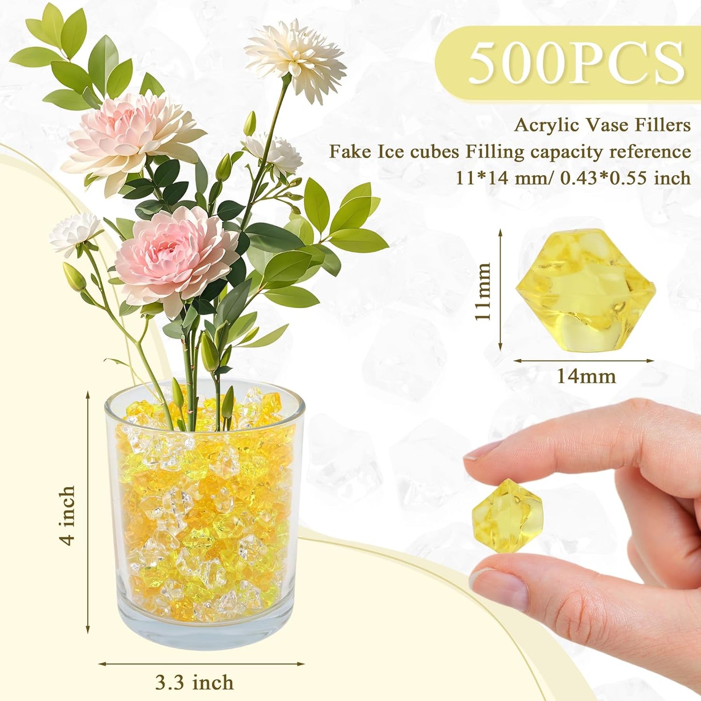 YATOJUZI 500pcs Fake Ice Cubes Yellow Acrylic Crushed Rocks Vase Fillers Plastic Diamonds Gems for DIY Party Wedding Centerpiece Table Scatter Prop Display 0.5" (Only Yellow)