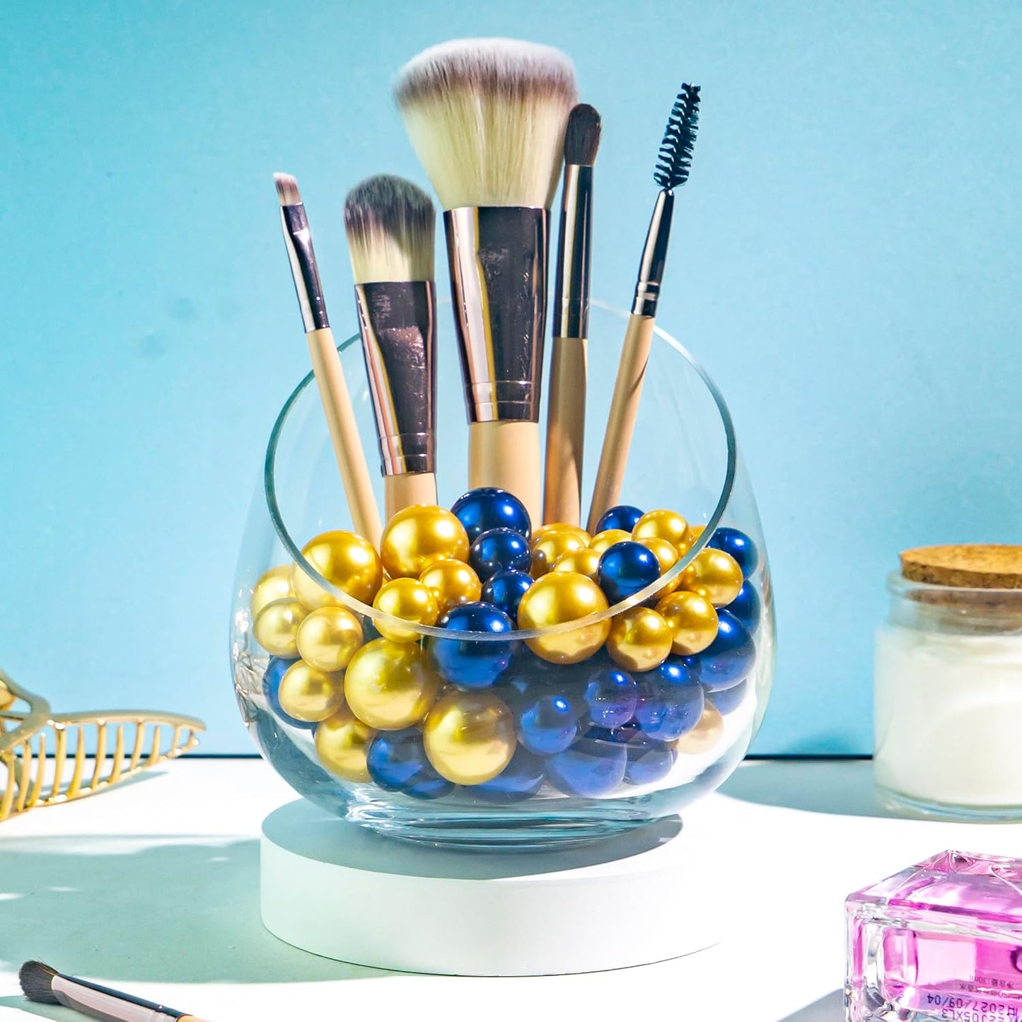 150Pcs Navy Blue&Gold Polished No Hole Faux Pearl Beads for Vase Filling Decorations, Plastic Pearls Vase Fillers, Table Scatters, Wedding Centerpiece, Home Decor, 8/14/20 mm