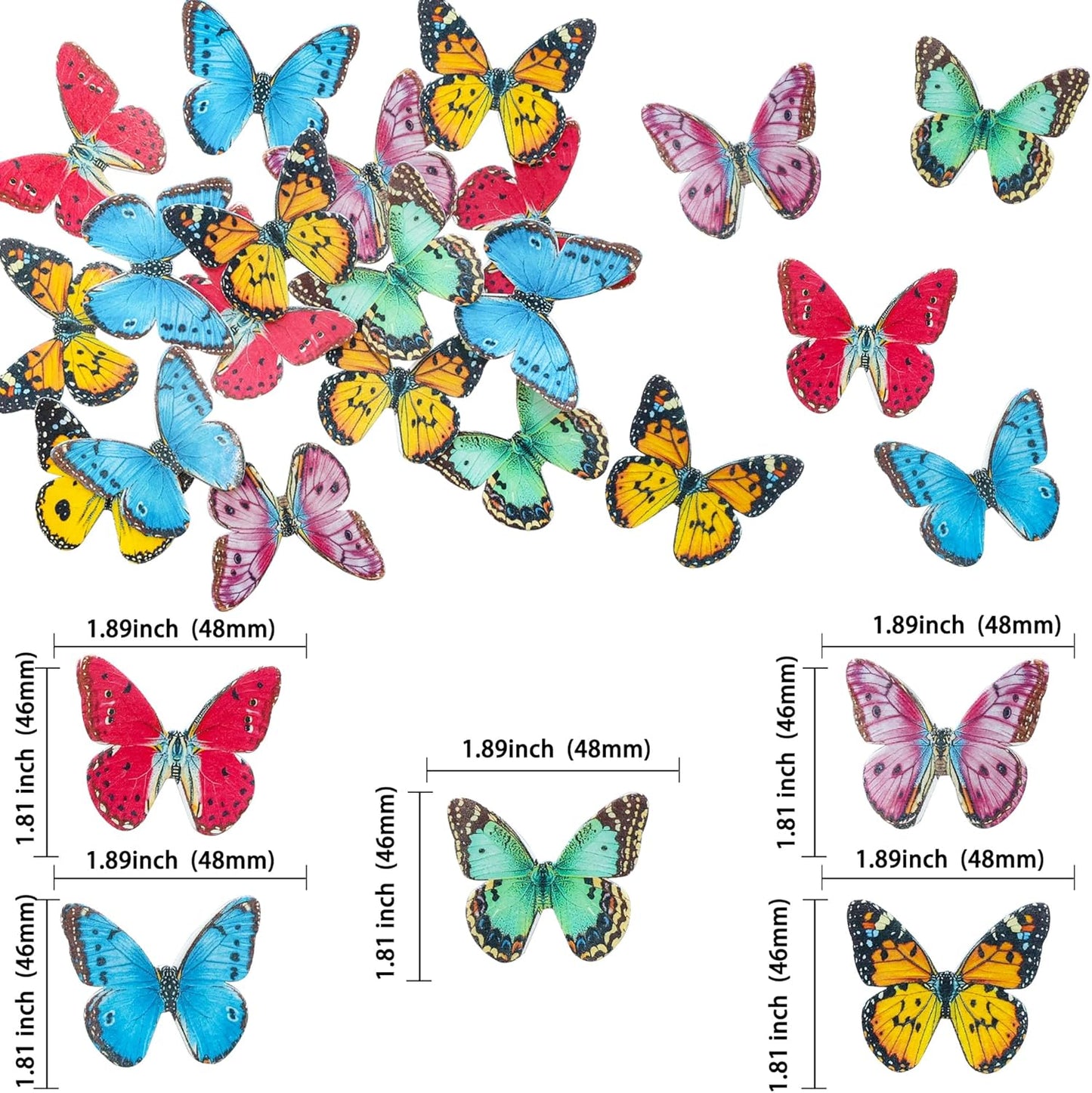 Ephlyn 48Pcs Edible Butterfly Cupcake Toppers 3D Mixed Color Cake Picks 3D Butterfly Cake Decorations for Baby Shower Boys Girls Birthday Party Decoration Supplies Colorful