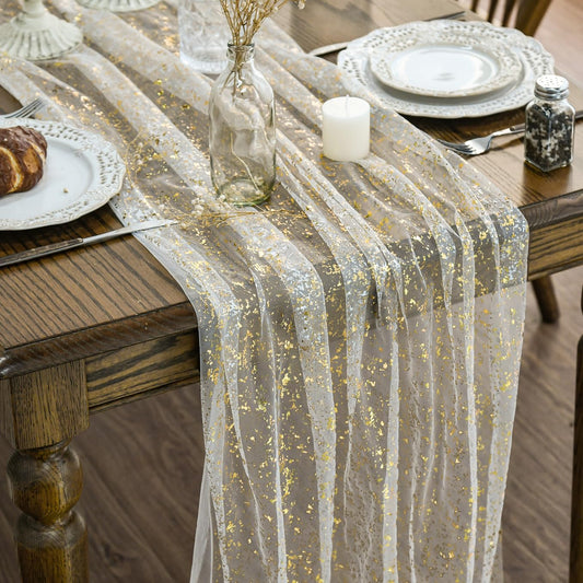 Artoid Mode 6Pcs Beige Gold Gauze Table Runner 120 Inch 10FT, Glitter Metallic Foil Sheer Dining Wedding Anniversary Holiday Birthday Table Decor for Home Party