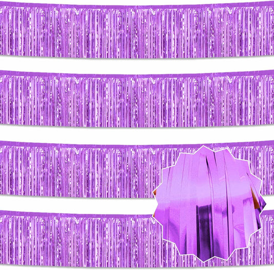 4 Pack 10 Ft Light Purple Foil Fringe Garland Metallic Streamers Tinsel Banner Wall Hanging Garland Backdrop for Parade Floats, Halloween, Christmas, Thanksgiving, New Year Party Decorations