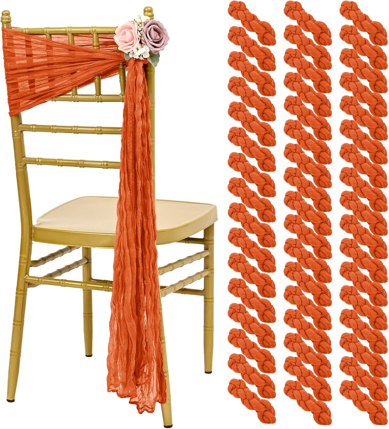 50 PCS Cheesecloth Chair Sashes, Bows Designed ChairSashes, 15.7x108 inch Chair Sashes for Aisle Decorations Universal Chairs Cover Decoration for Wedding Reception Party Banquet (Burnt Orange)