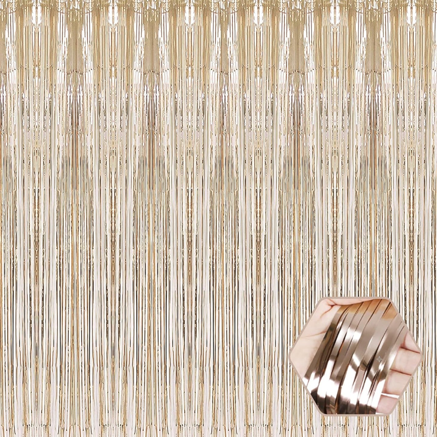 3 Pack Champagne Gold Foil Fringe Curtain Backdrop, 3.28Ft x 8.2Ft Metallic Tinsel Foil Fringe Streamer Curtains for Photo Booth, Christmas Day, Thanksgiving, Wedding, New Year Party Decorations