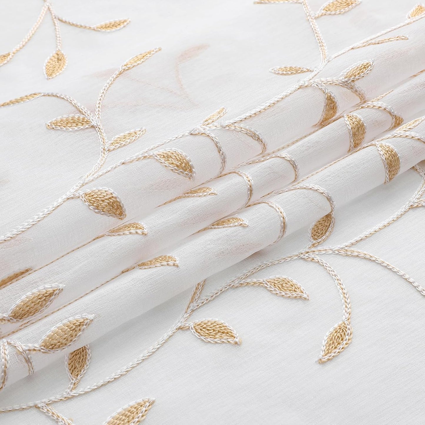 VISIONTEX White Sheer Voile Curtains, Decorative Orange Leaves Embroidery Faux Linen Rod Pocket Window Drapes for Home Kitchen, Living Room and Bedroom 54 x 84 Inch, Set of 2 Curtain Panels