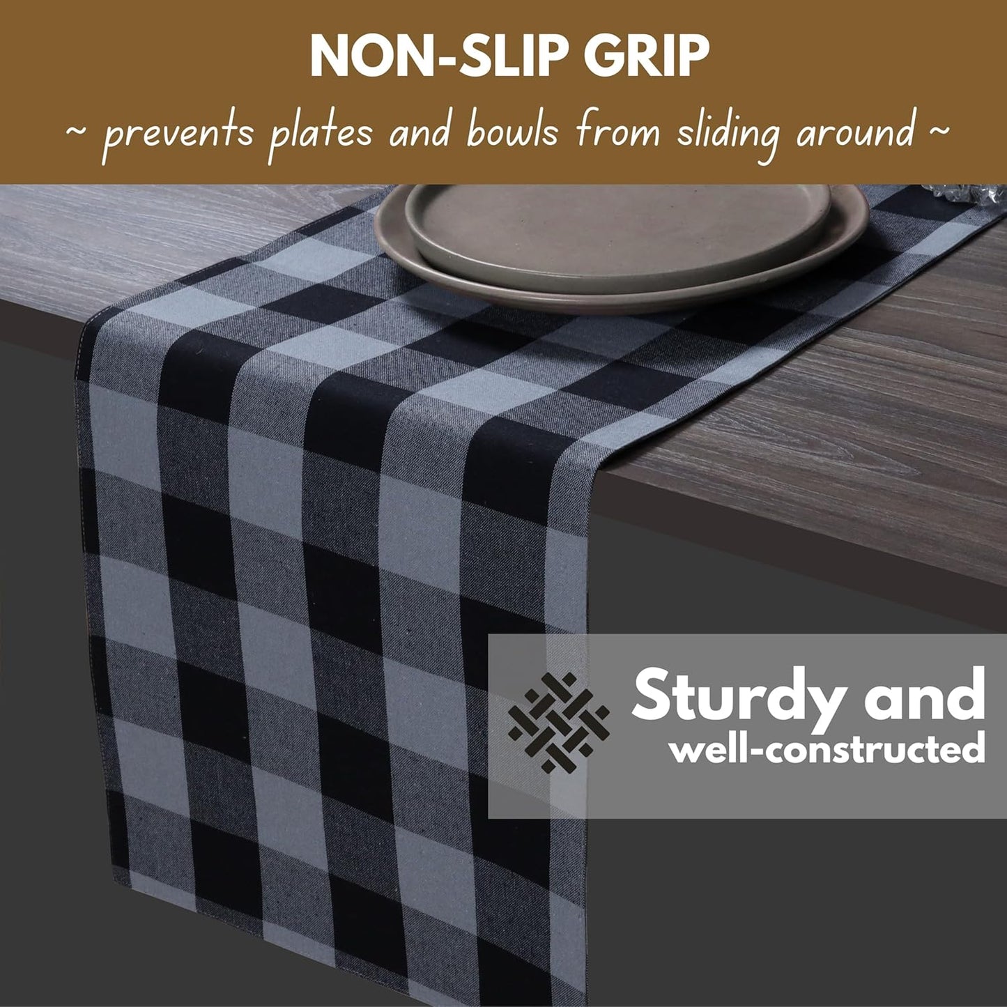 Native Fab Table Runner Buffalo Check Plaid 100% Cotton - 13x72 Inches Kitchen Dining Table Decoration for Indoor Outdoor Farmhouse Home Party Decor - Black, Grey