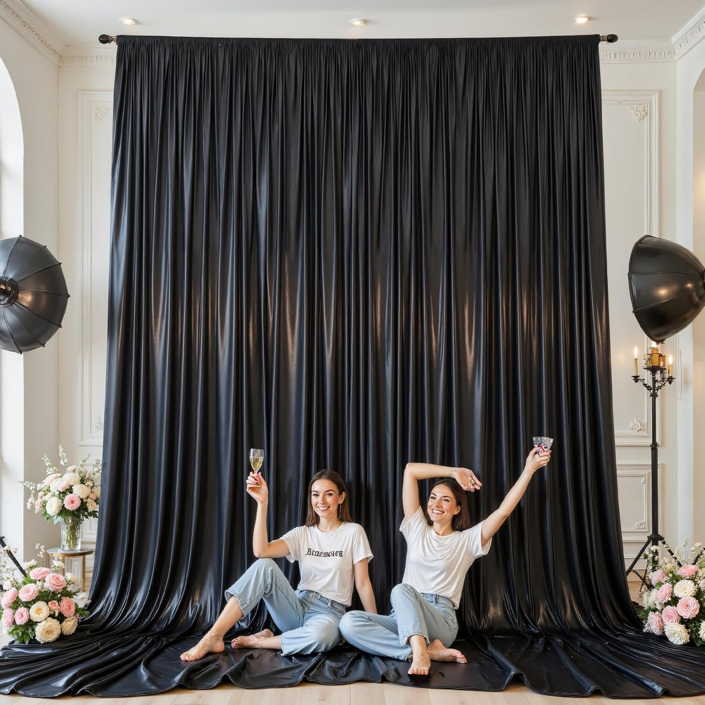 10x10 ft Black Glitter Backdrop Curtain for Parties, Wrinkle Free Satin Photo Backdrop Drapes 2 Panels 5x10FT Shimmer Back Drop Cloth for Wedding Birthday Halloween Photography Background Decor