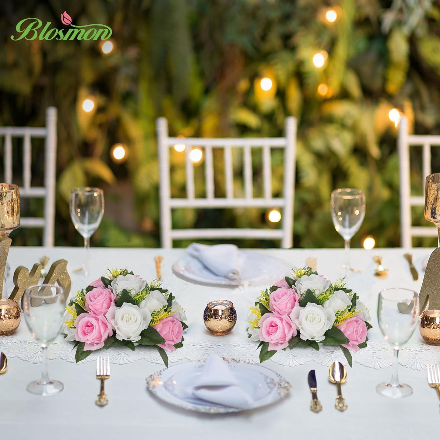 BLOSMON Flower Balls Rose Centerpieces: 2 Pcs Pink 9.5 Inch Fake Flowers Kissing Balls Decor Artificial Wedding Floral Arrangements Silk Flower Bouquet with Base Home Party Room Table DIY Decorations