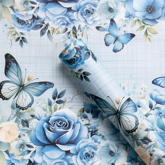 WRAPAHOLIC Kraft Floral Wrapping Paper - Mini Roll - 17 Inch x 16.5 Feet - Dusty Blue Flower and Butterfly Design for Wedding, Birthday, Bridal Shower, Tea Party, Drawer Liners, Home Closet Shelves